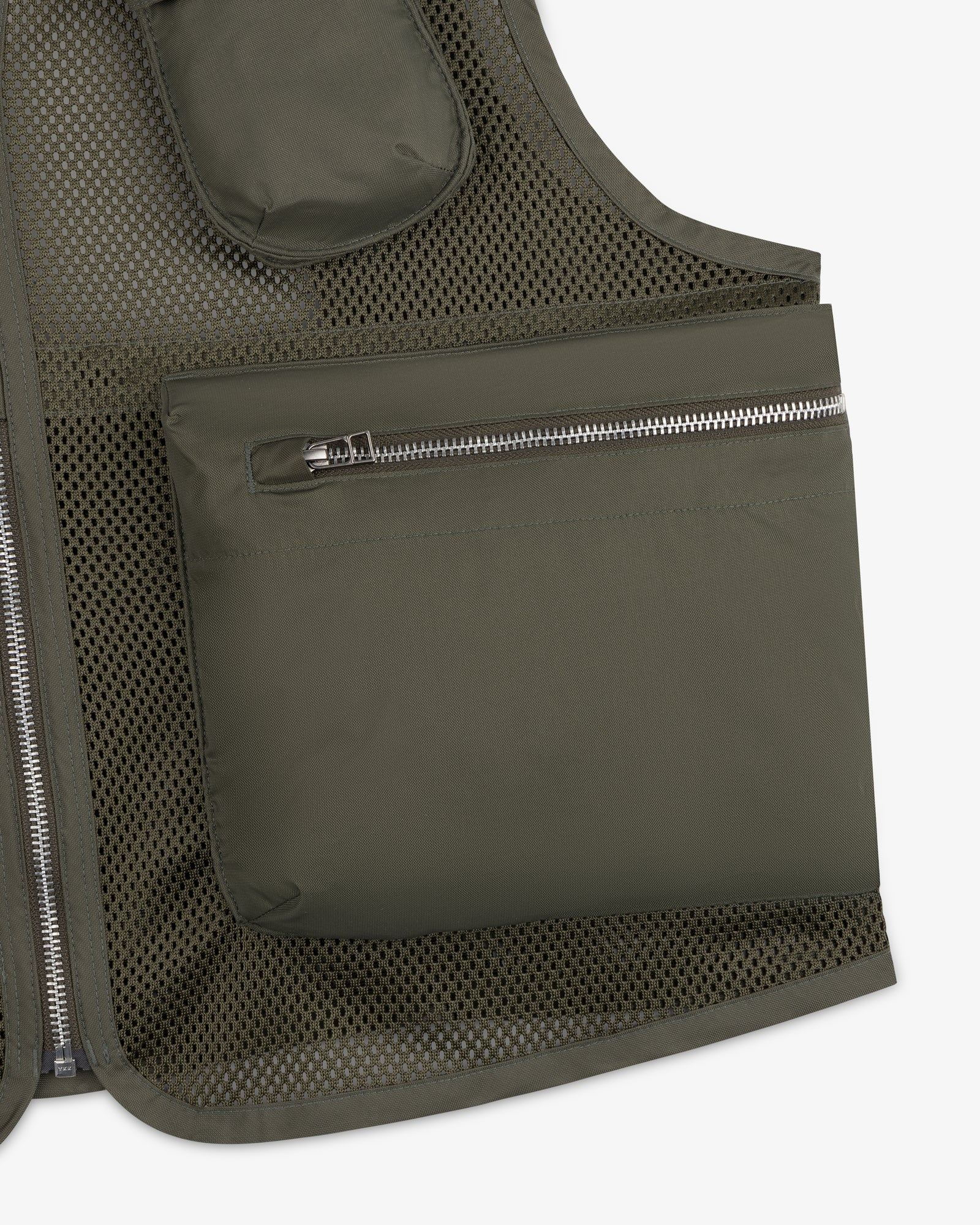 Close-up of a Nylon Utility Vest in olive green with mesh and a large side zippered pocket.