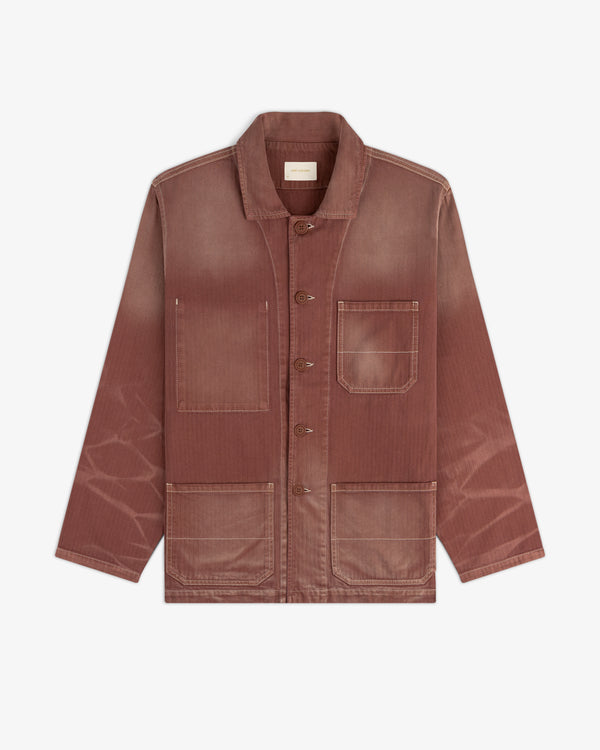 Sun Faded Chore Jacket: Rust-colored canvas with button closure, 3 front pockets, and subtle faded sleeve patterns.