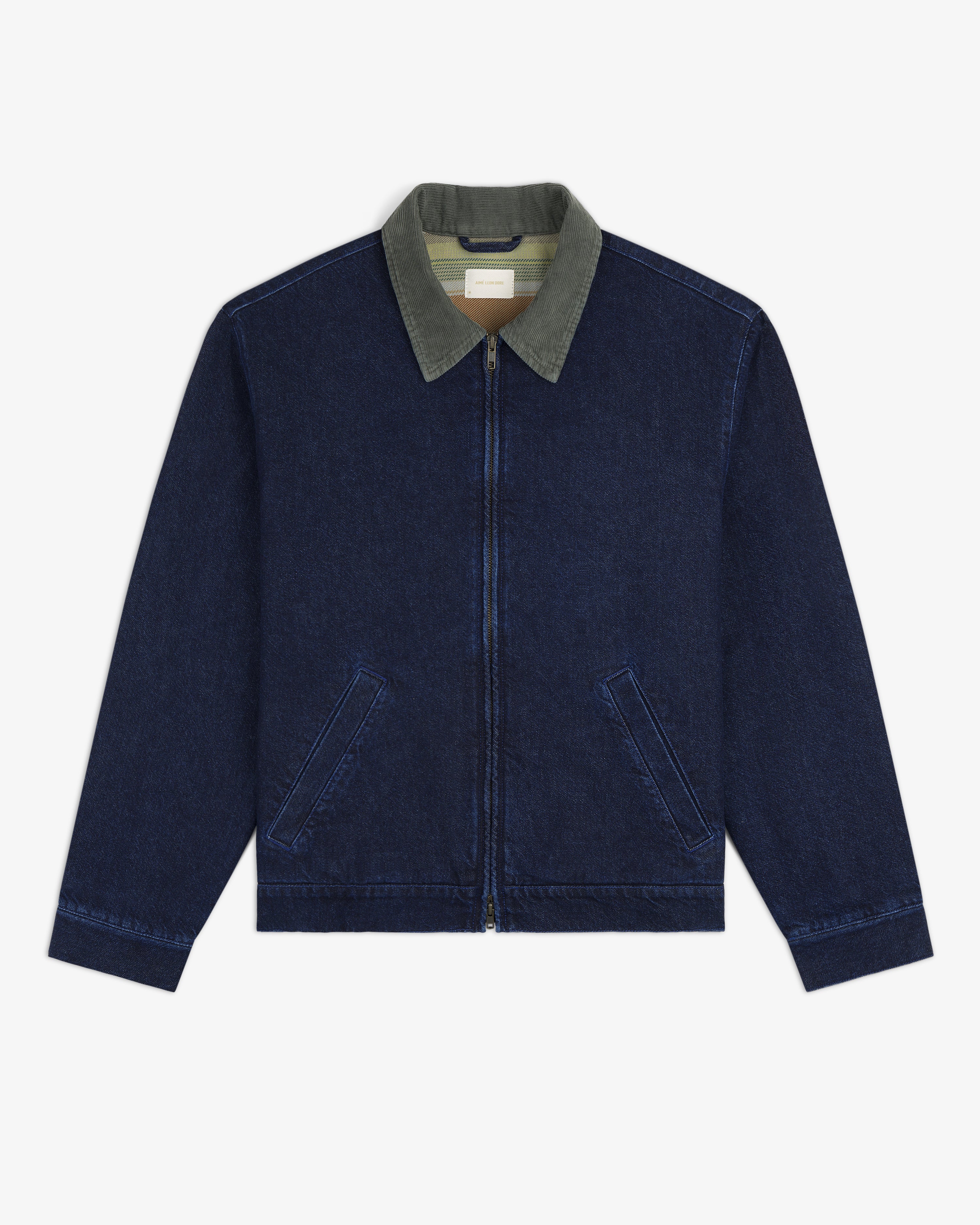 The Denim Zip Jacket features dark blue denim, an olive green collar, and two front pockets, shown laid flat.