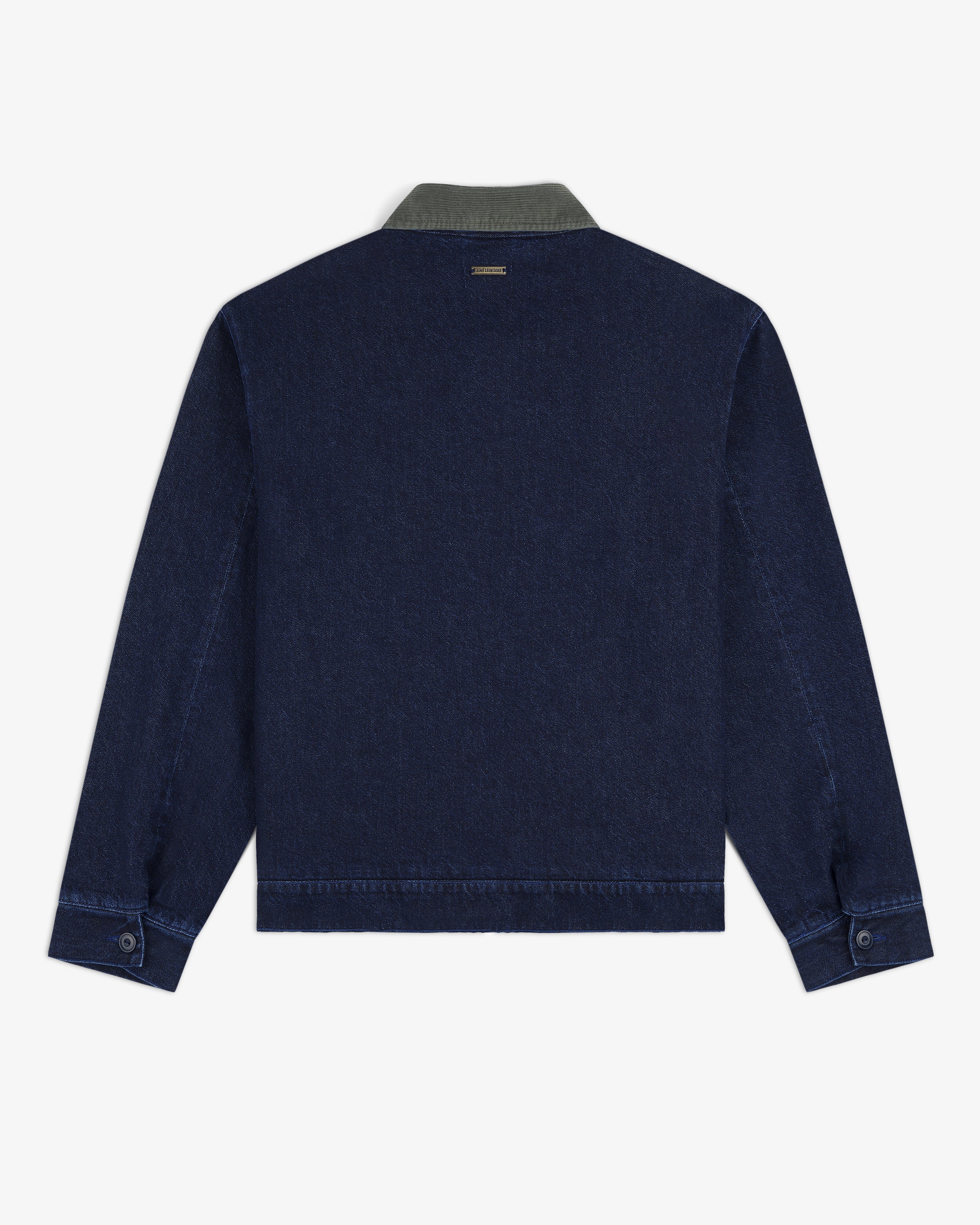 Back view of Denim Zip Jacket in dark blue with a contrasting olive green collar.