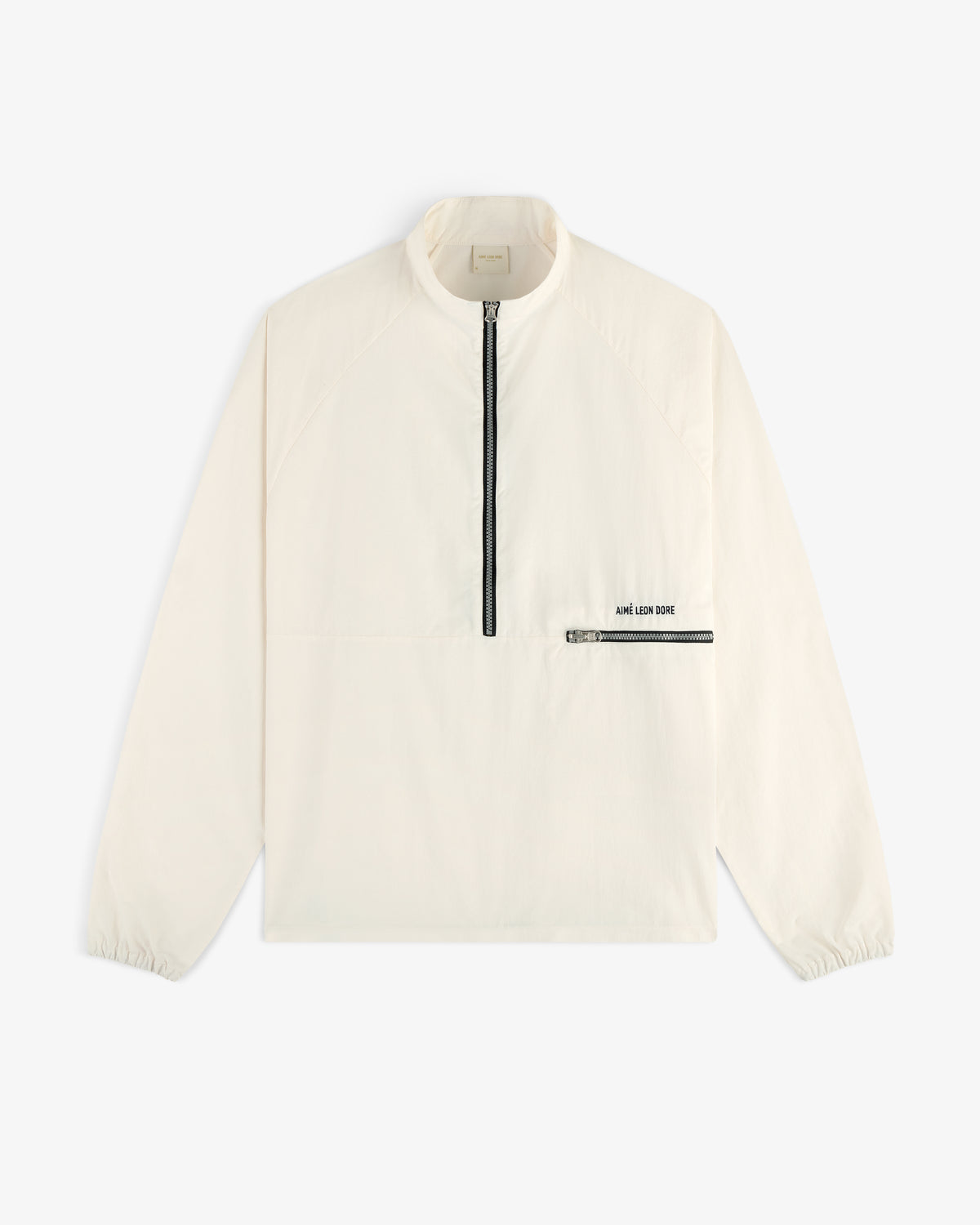 Off-white long-sleeve Nylon Packable Windbreaker with half-zip, black chest pocket, and ARE LOS DOIT print near pocket.