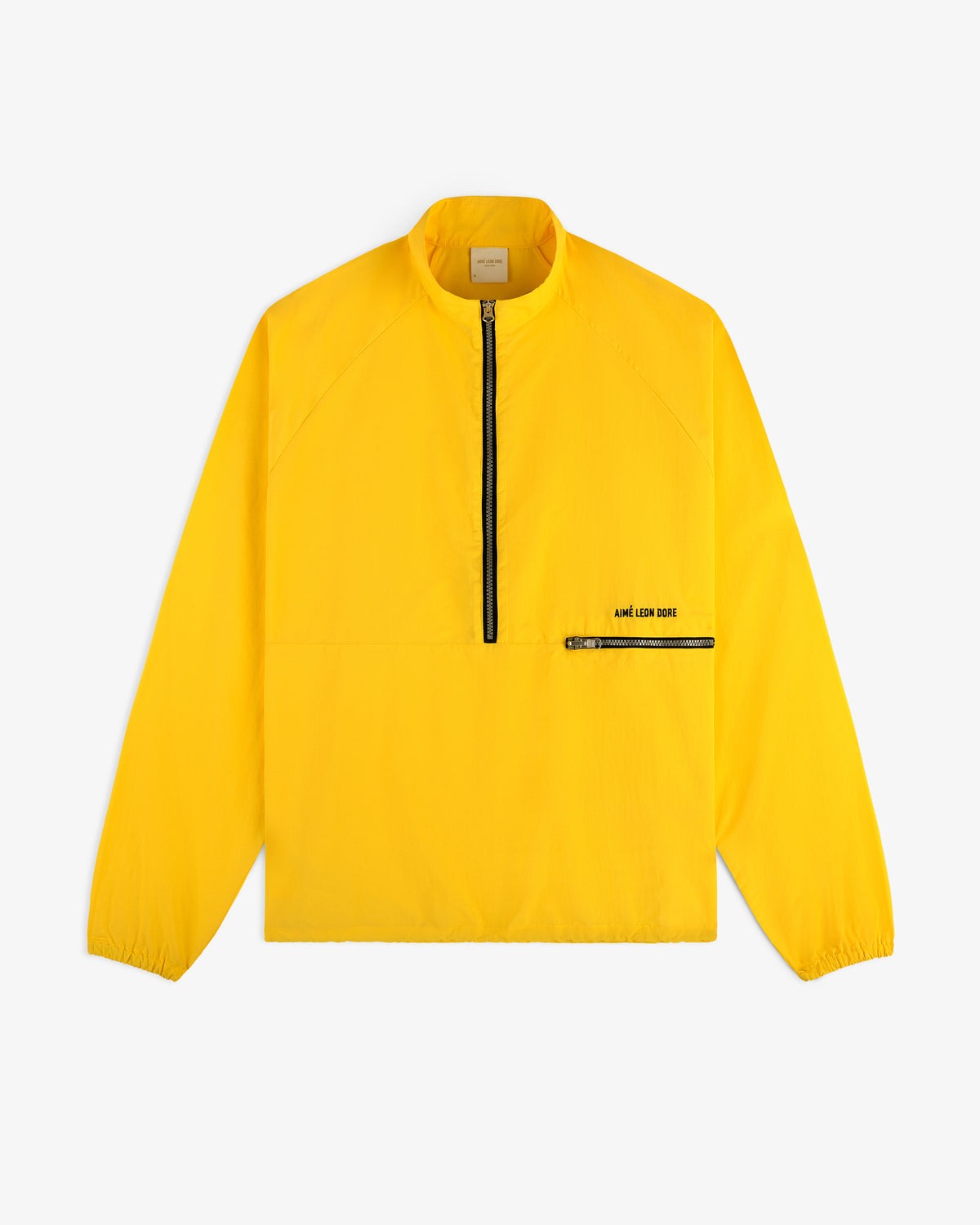 Nylon Packable Windbreaker in bright yellow with long sleeves, front zipper, and zippered chest pocket.