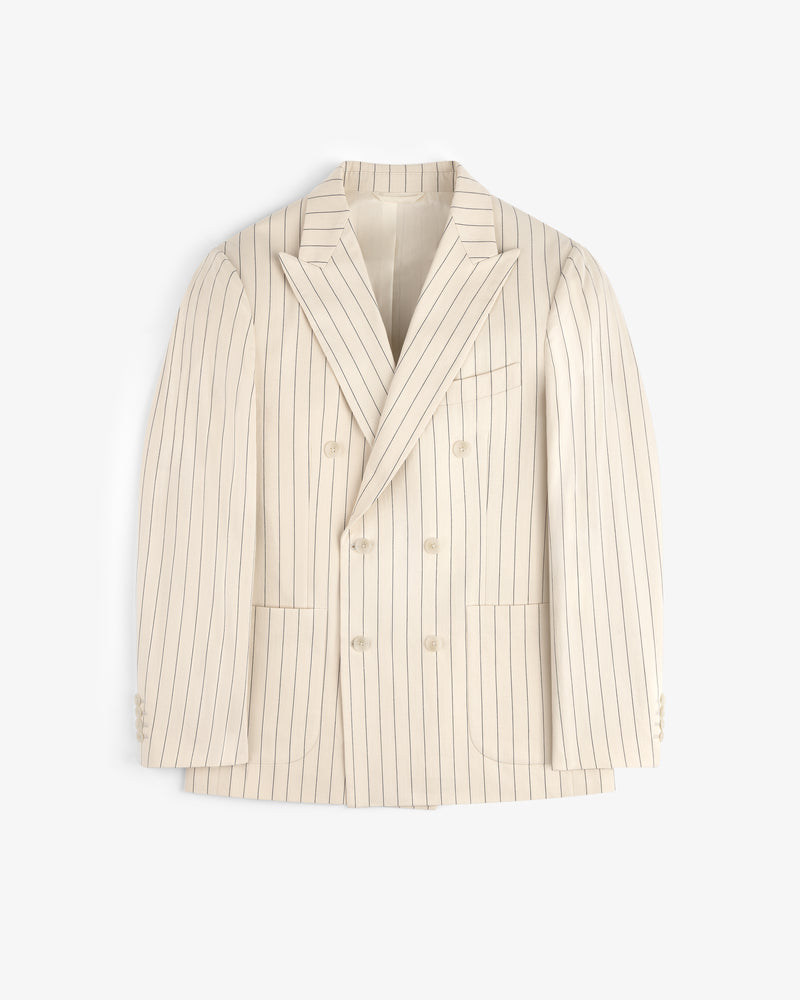 Double-Breasted Pinstripe Suit Jacket in cream with notched lapels and front pockets, shown on a white background.