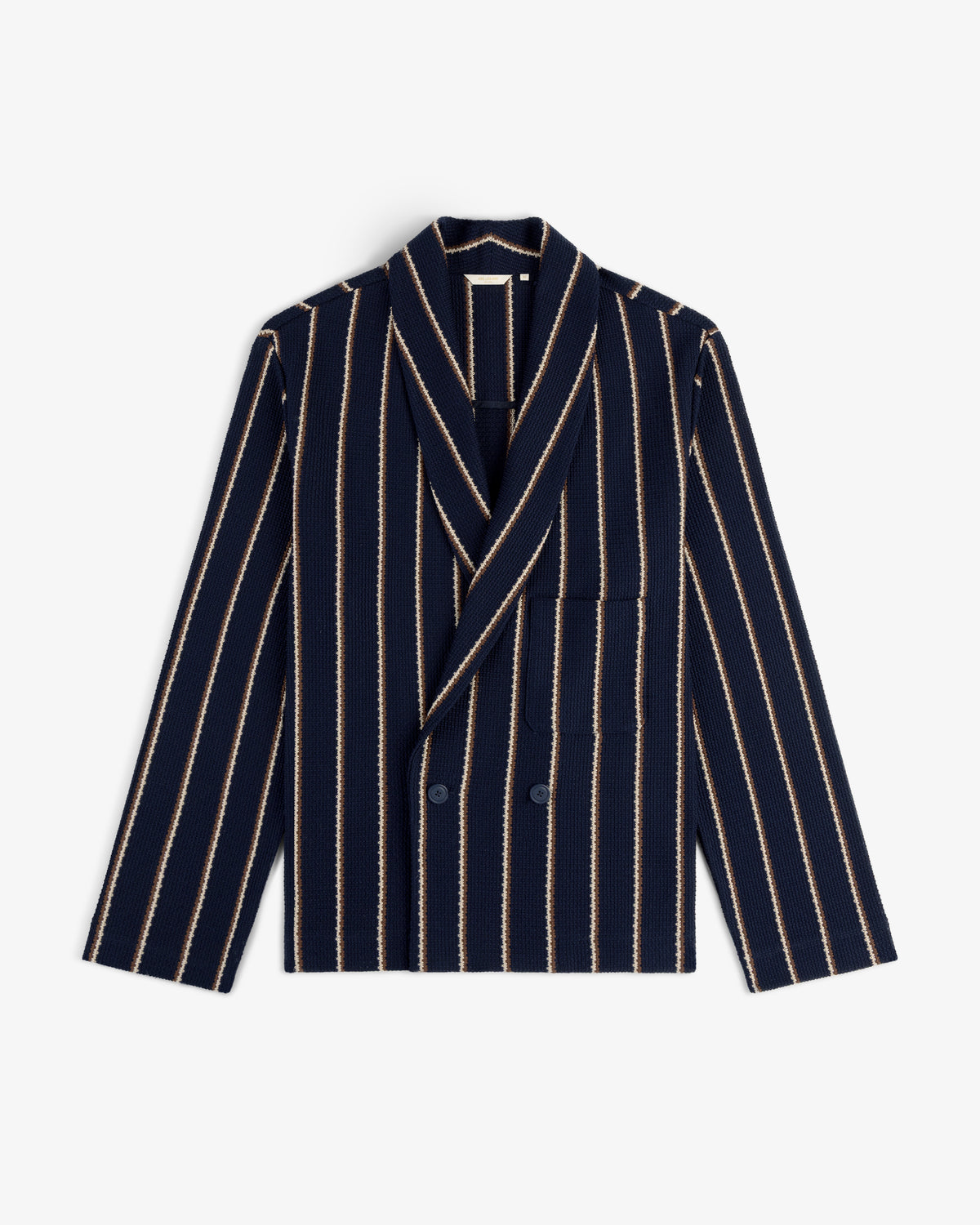 Striped Jacquard Shawl Collar Jacket in navy with beige stripes, double-breasted, featuring front pockets.