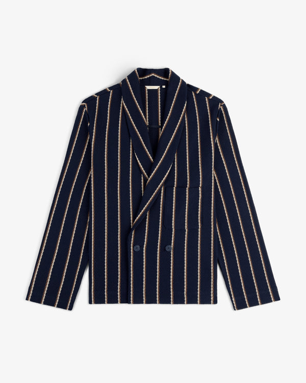 Striped Jacquard Shawl Collar Jacket in navy with beige stripes, double-breasted, featuring front pockets.