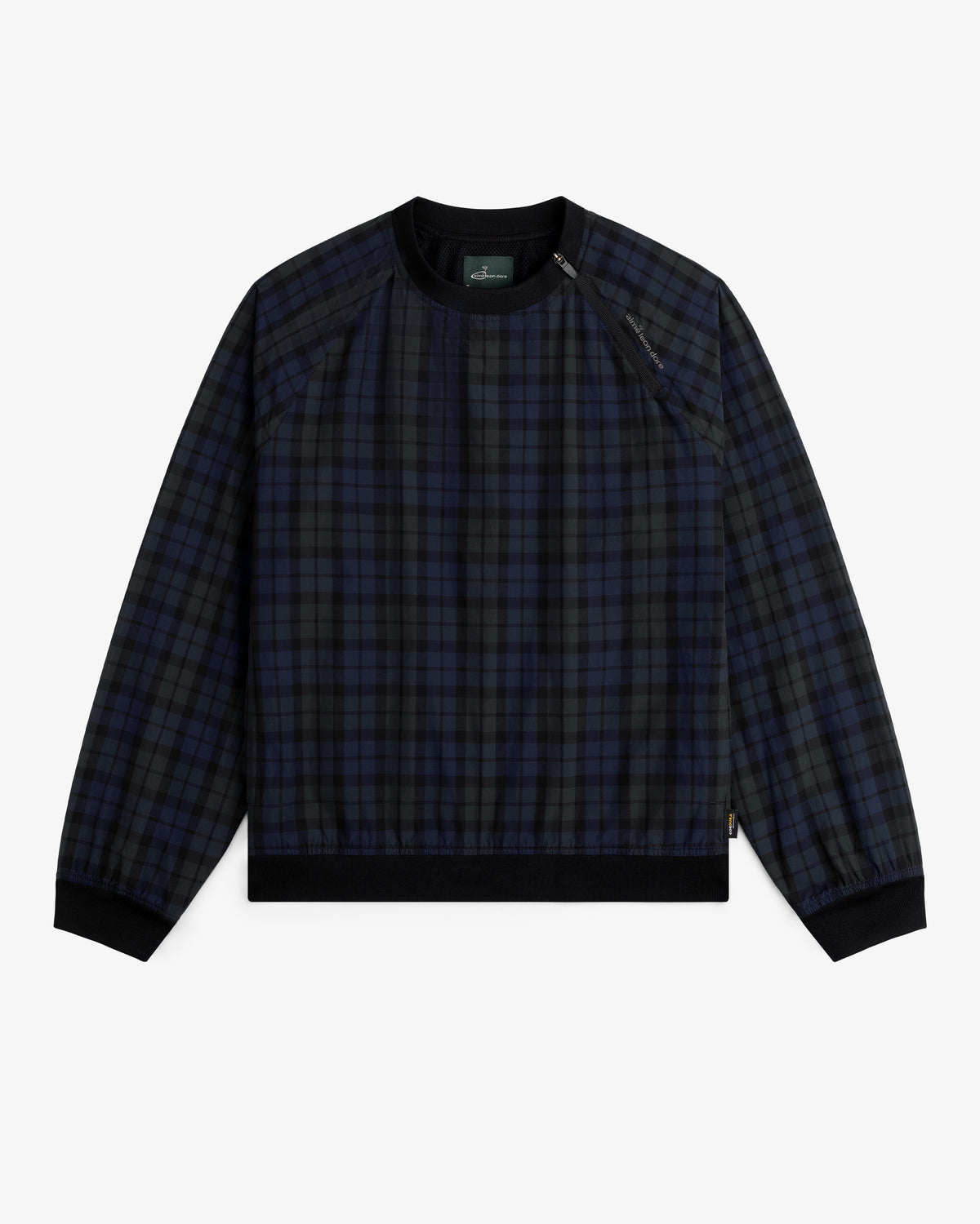 ALD Golf Blackwatch Pullover: navy and black plaid long-sleeve with black cuffs and collar on white background.