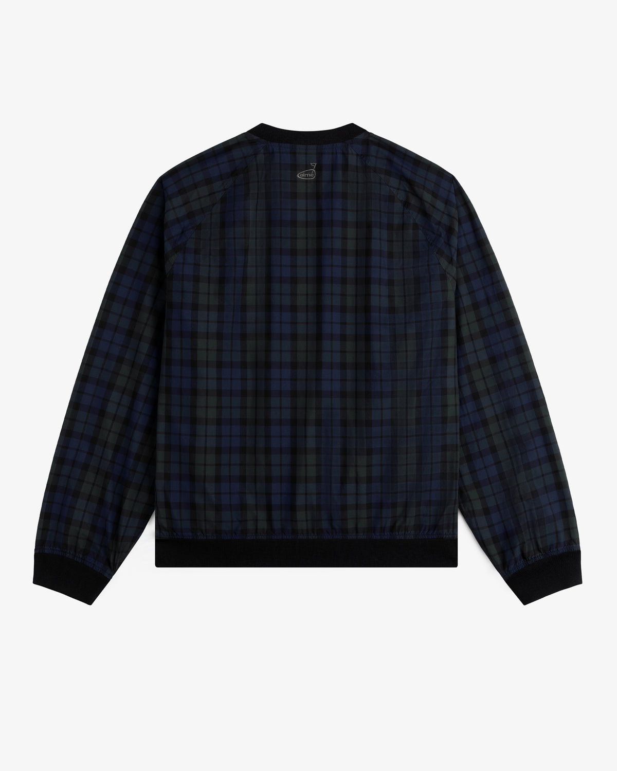 Back view of the ALD Golf Blackwatch Pullover, a long-sleeve dark blue and black plaid jacket with black cuffs and collar.