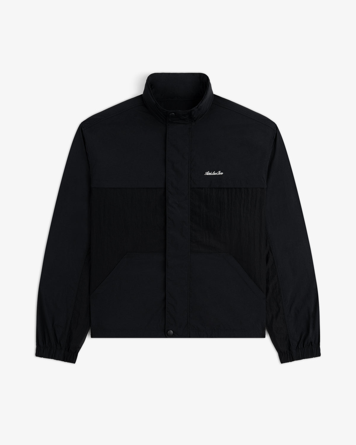 Nylon Track Jacket with high collar, front snap closure, and small white logo on the left chest.