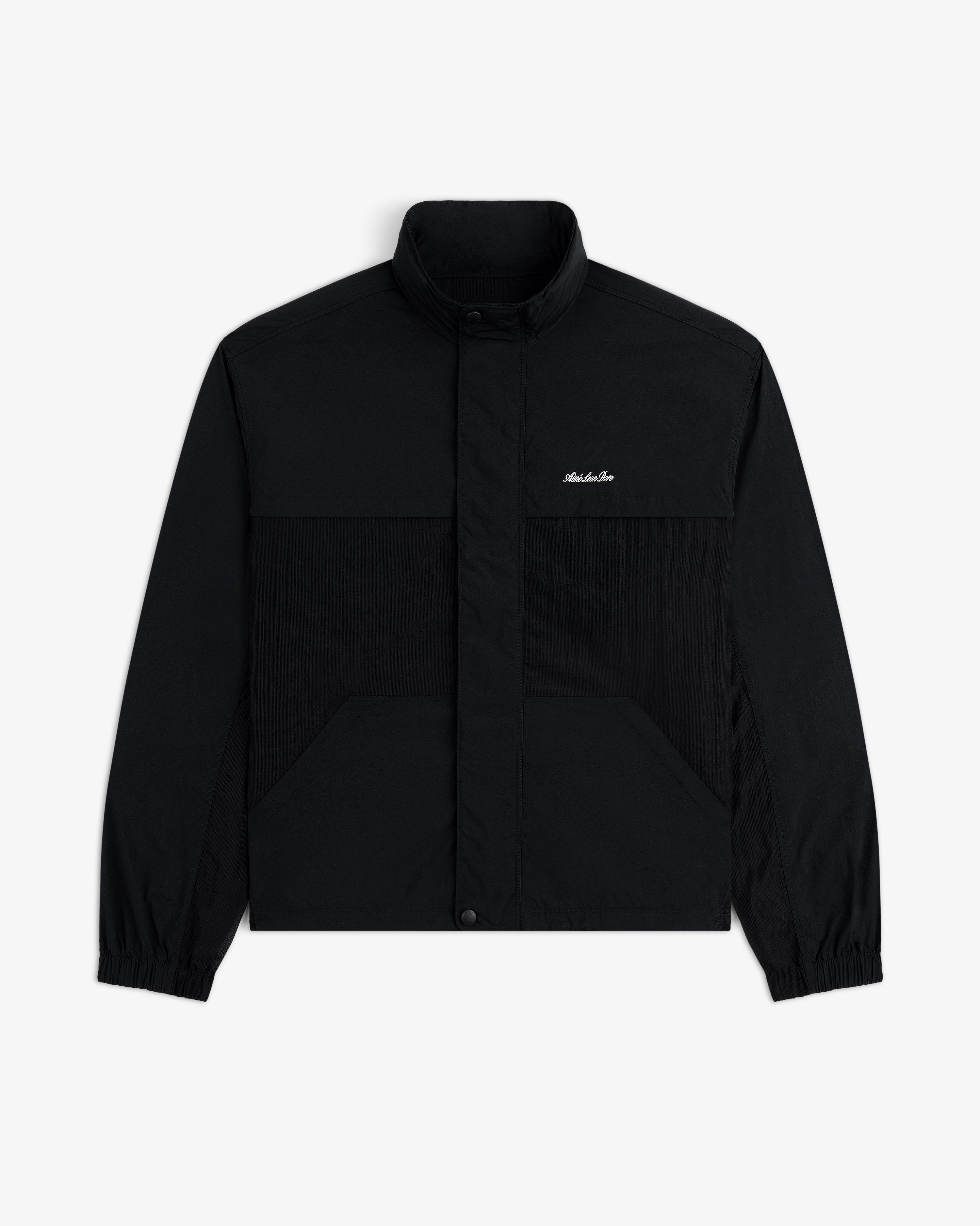 Nylon Track Jacket with high collar, front snap closure, and small white logo on the left chest.