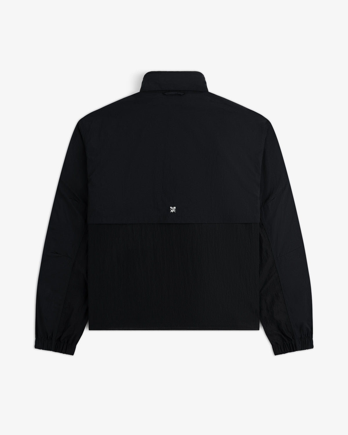 Black Nylon Track Jacket with long sleeves, viewed from the back with a small white logo at the center.
