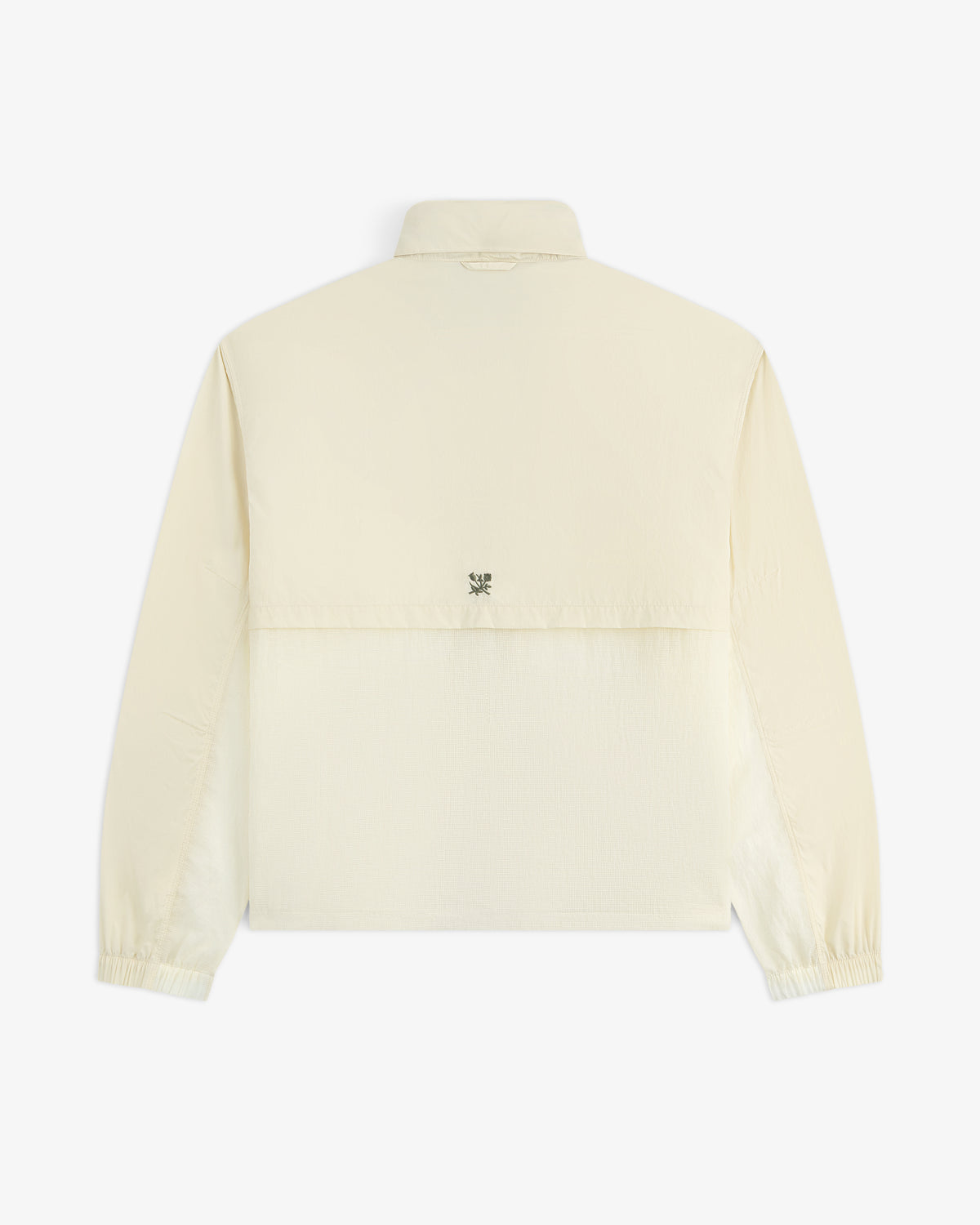 Back view of the Nylon Track Jacket in light beige, long sleeves, collar, elastic cuffs, and small logo below the collar.