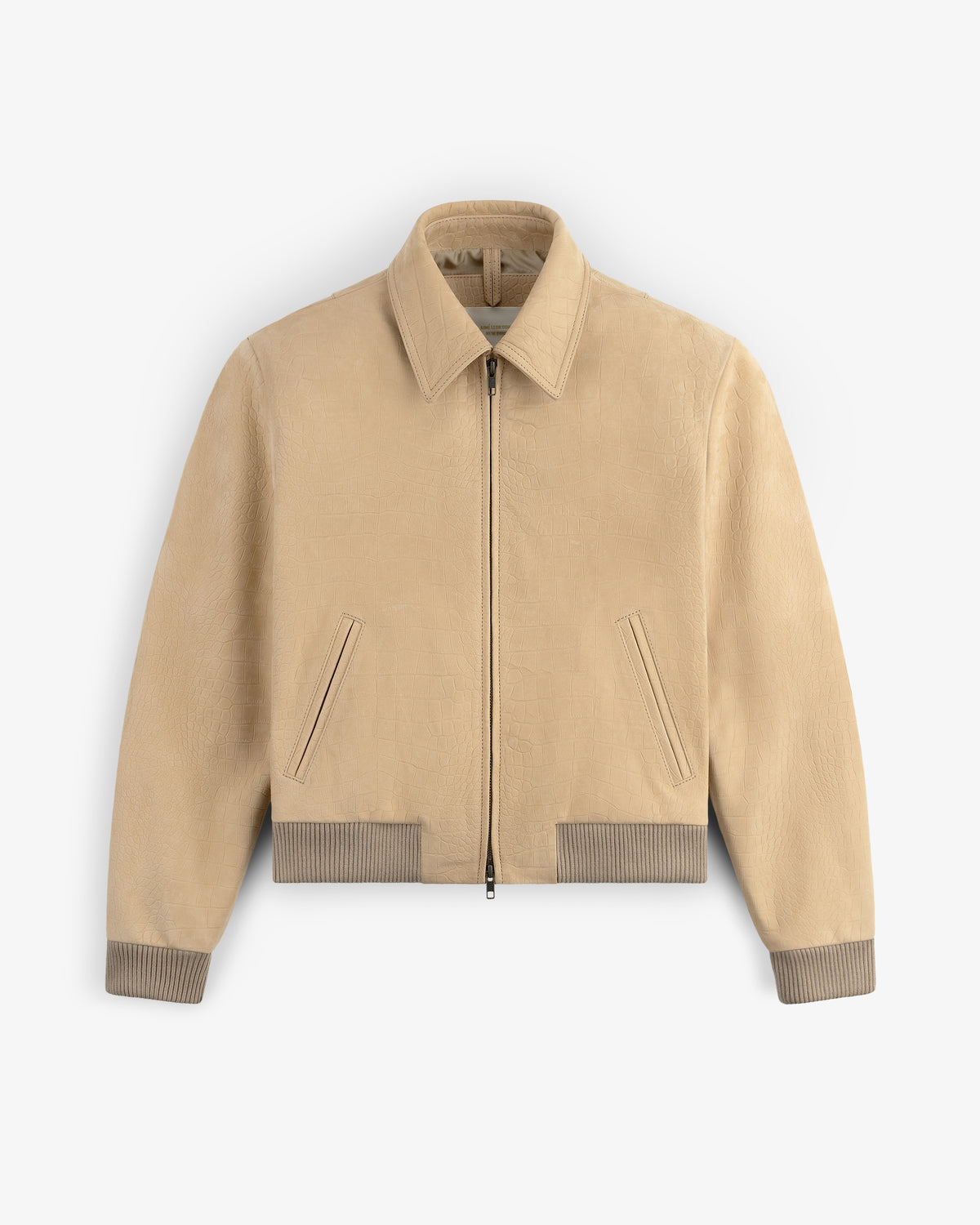 Croc-Embossed Nubuck Bomber Jacket with front zipper, slanted pockets, and ribbed cuffs and hem.