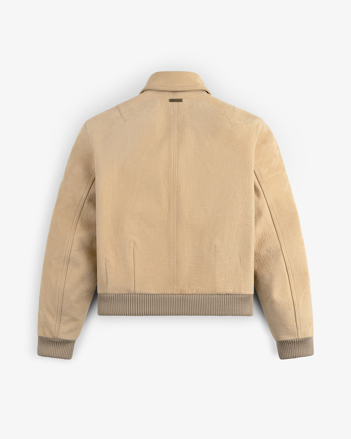 Croc-Embossed Nubuck Bomber Jacket with ribbed cuffs and hem, shown from the back on a white background.