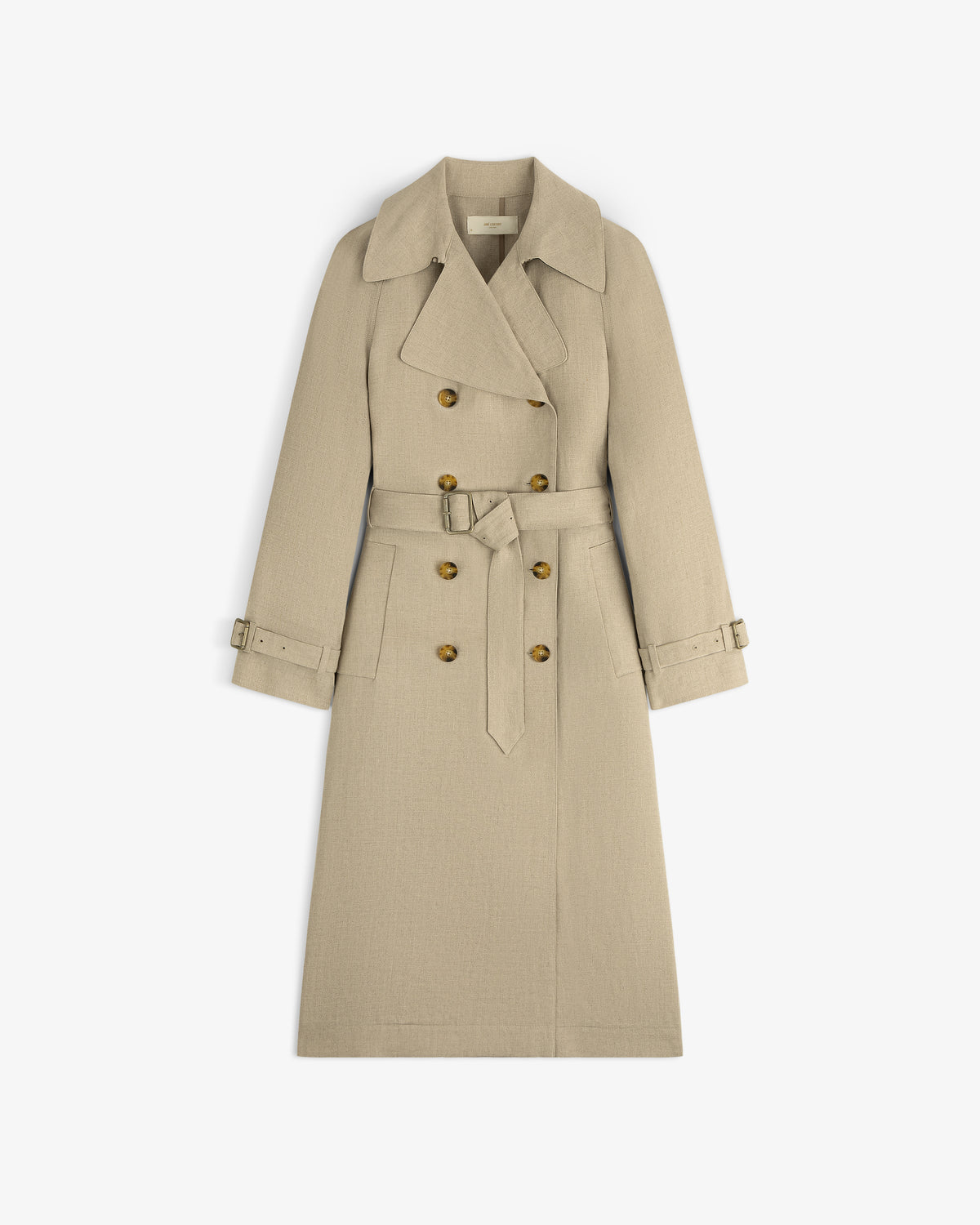 Linen Trench Coat: Beige, double-breasted with belt, wide lapels, and button accents on front and cuffs.