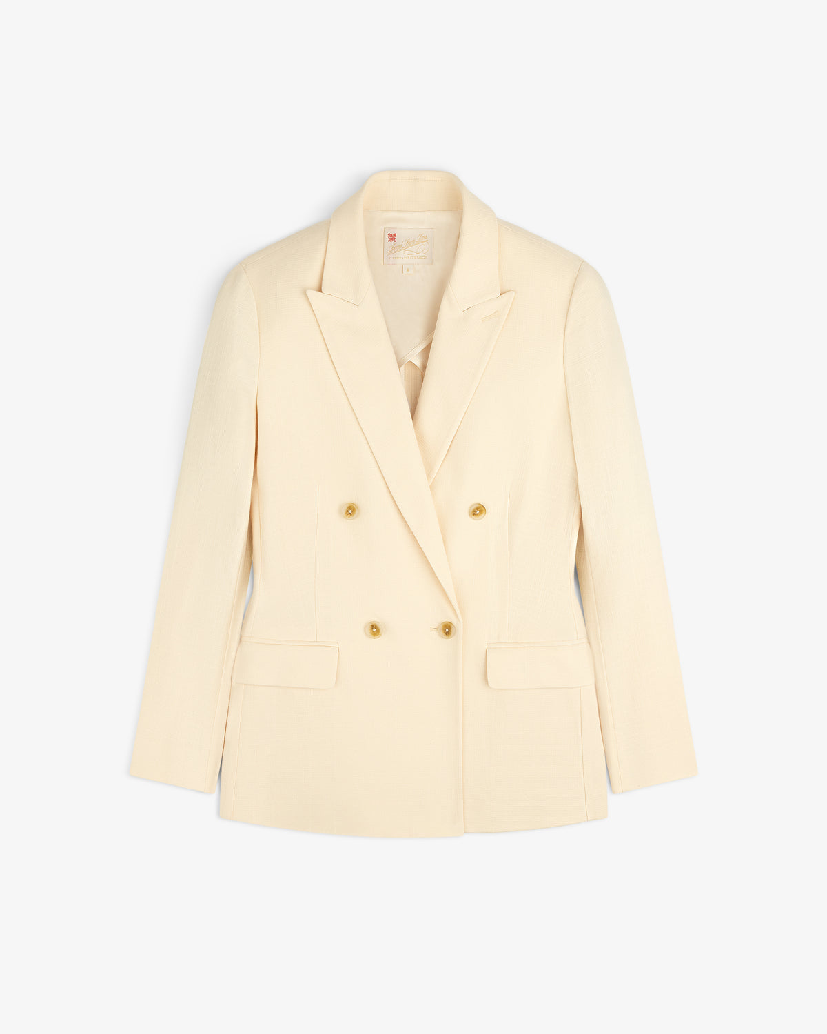 Double-Breasted Unconstructed Blazer in cream with gold buttons and flap pockets, shown on a white background.