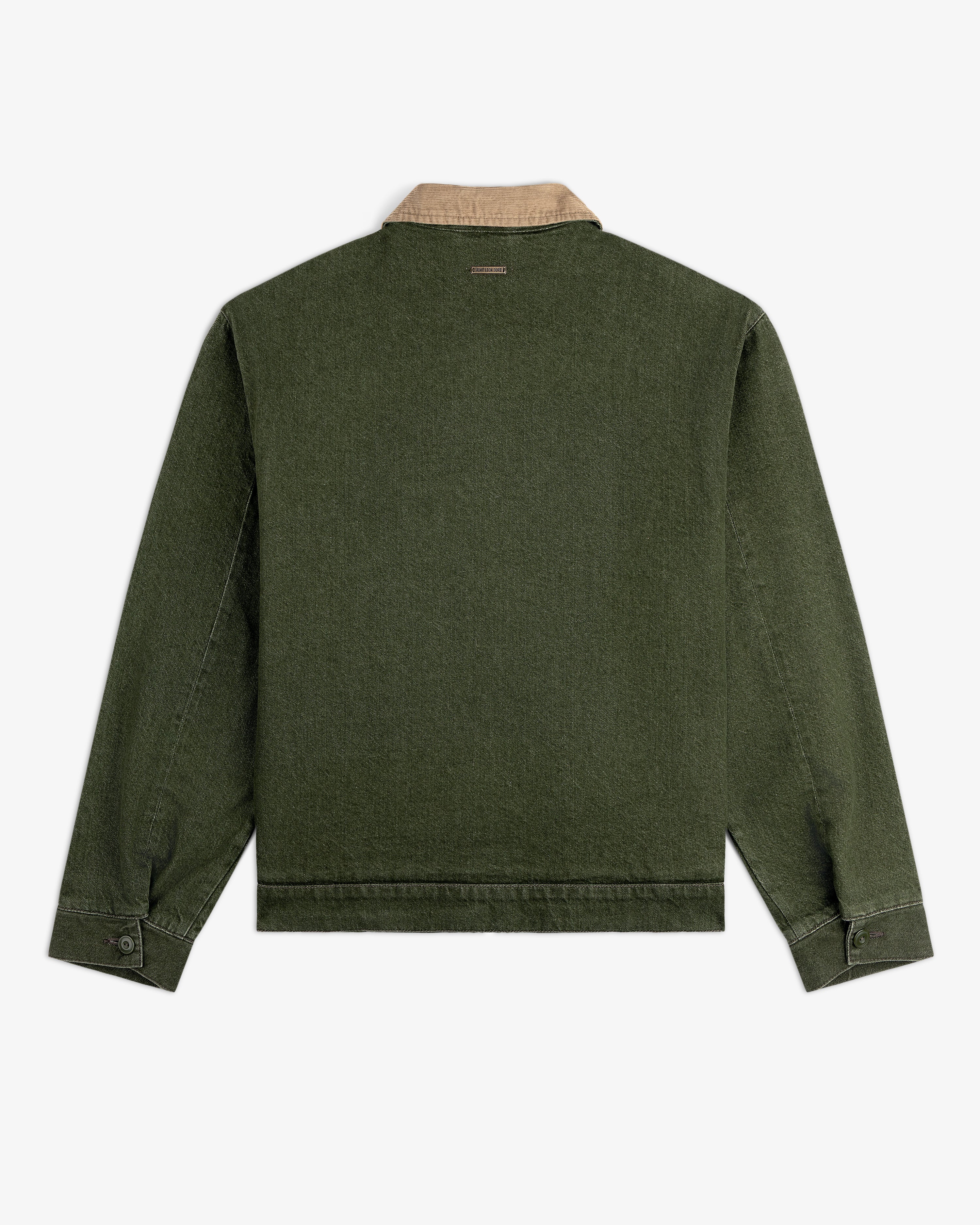 Back view of the Denim Zip Jacket in green with a beige collar, long sleeves, and buttoned cuffs on white background.