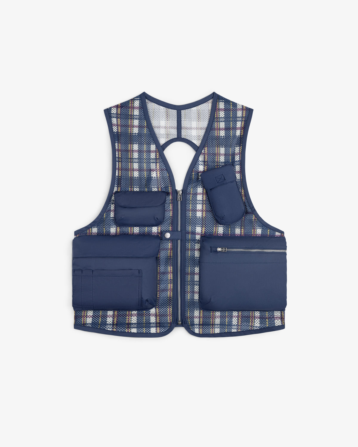 Nylon Madras Utility Vest: blue plaid, mesh fabric, front zipper, and multiple front pockets.
