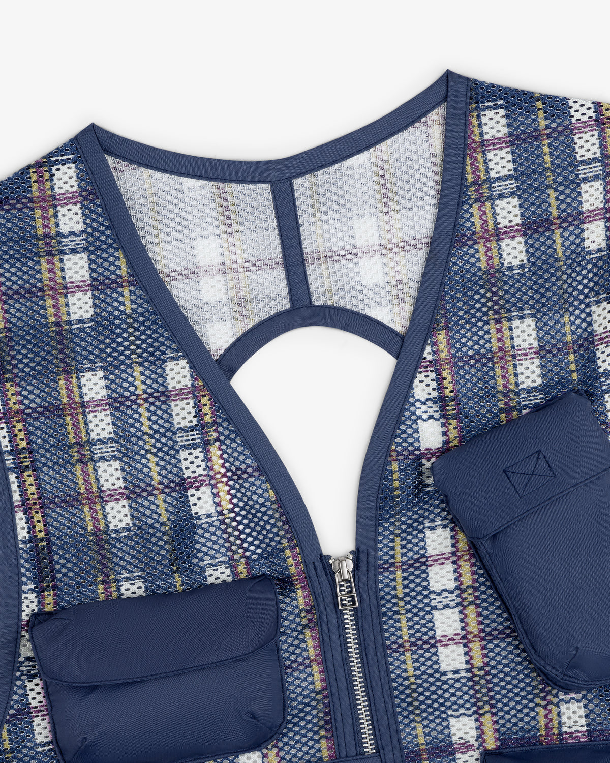 Nylon Madras Utility Vest with blue trim, zipper front, two padded pockets, and a keyhole neckline cutout.