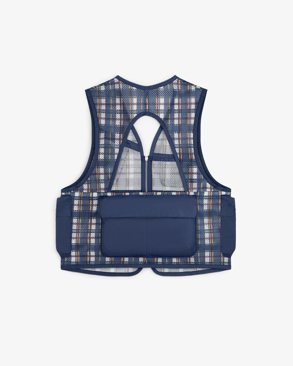 Nylon Madras Utility Vest in blue mesh with plaid pattern, large back pocket, and open shoulders on white background.