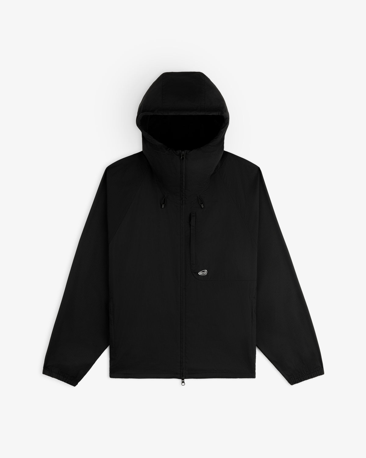 ALD Golf Lightweight Tips Windbreaker—black, hooded, front zipper, chest pocket, elastic cuffs on white background.