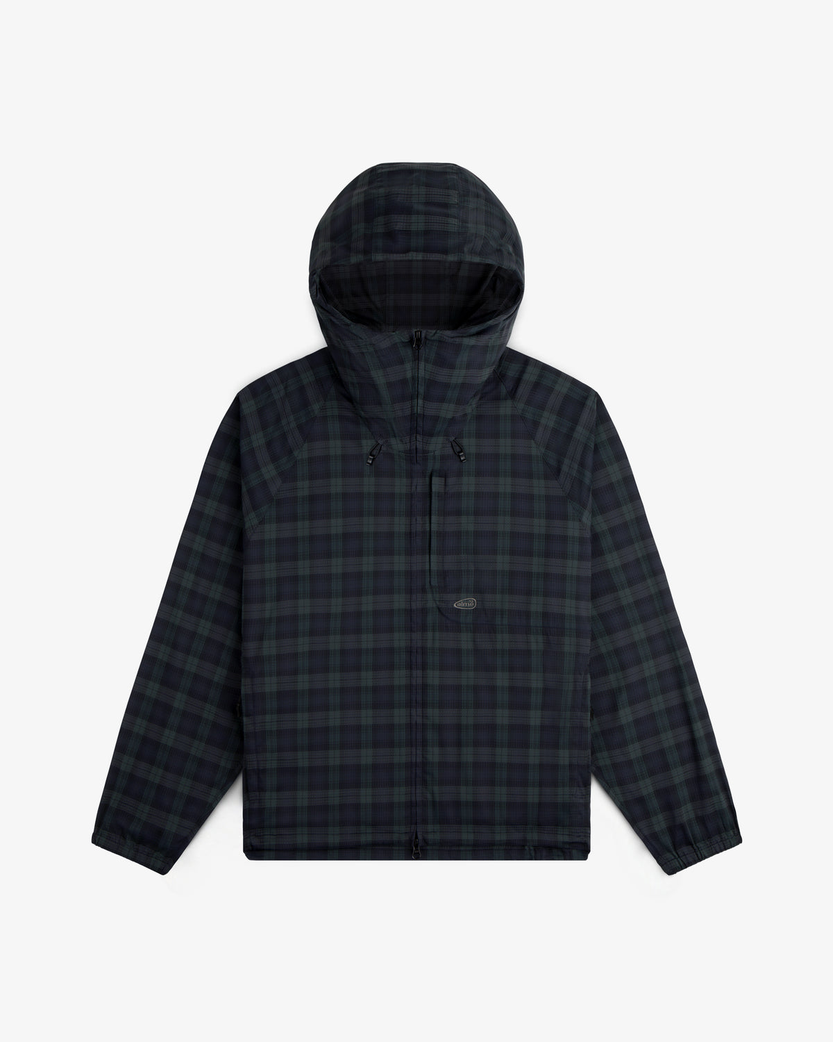 ALD Golf Lightweight Tips Windbreaker in dark green and black plaid with zipper, chest pocket, and drawstring hood.