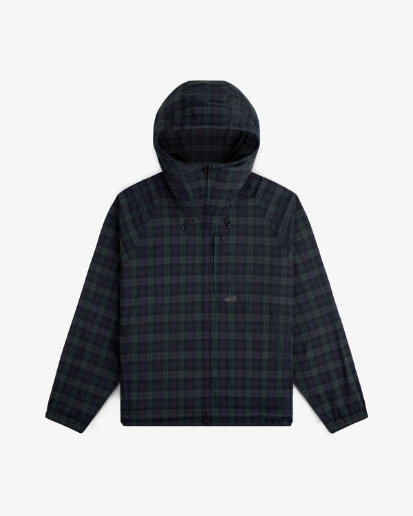 ALD Golf Lightweight Tips Windbreaker in dark green and black plaid with zipper, chest pocket, and drawstring hood.
