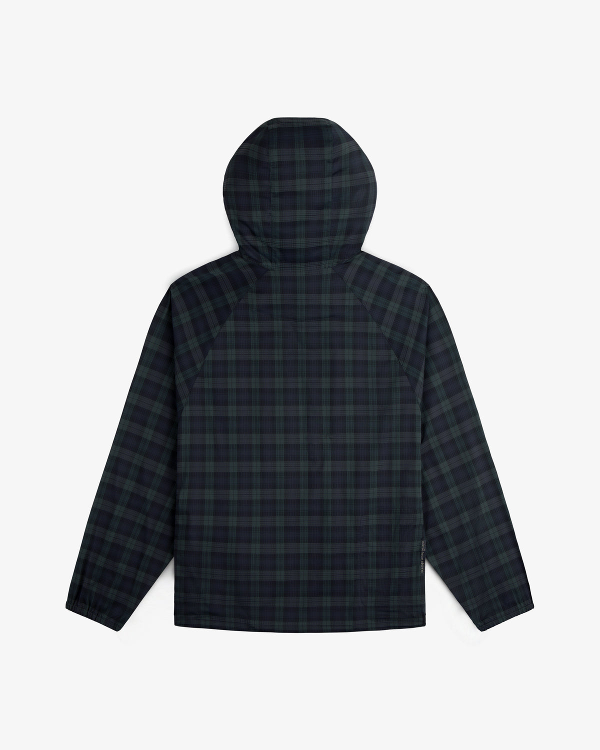 ALD Golf Lightweight Tips Windbreaker in dark green and navy plaid shown flat with back side facing up.