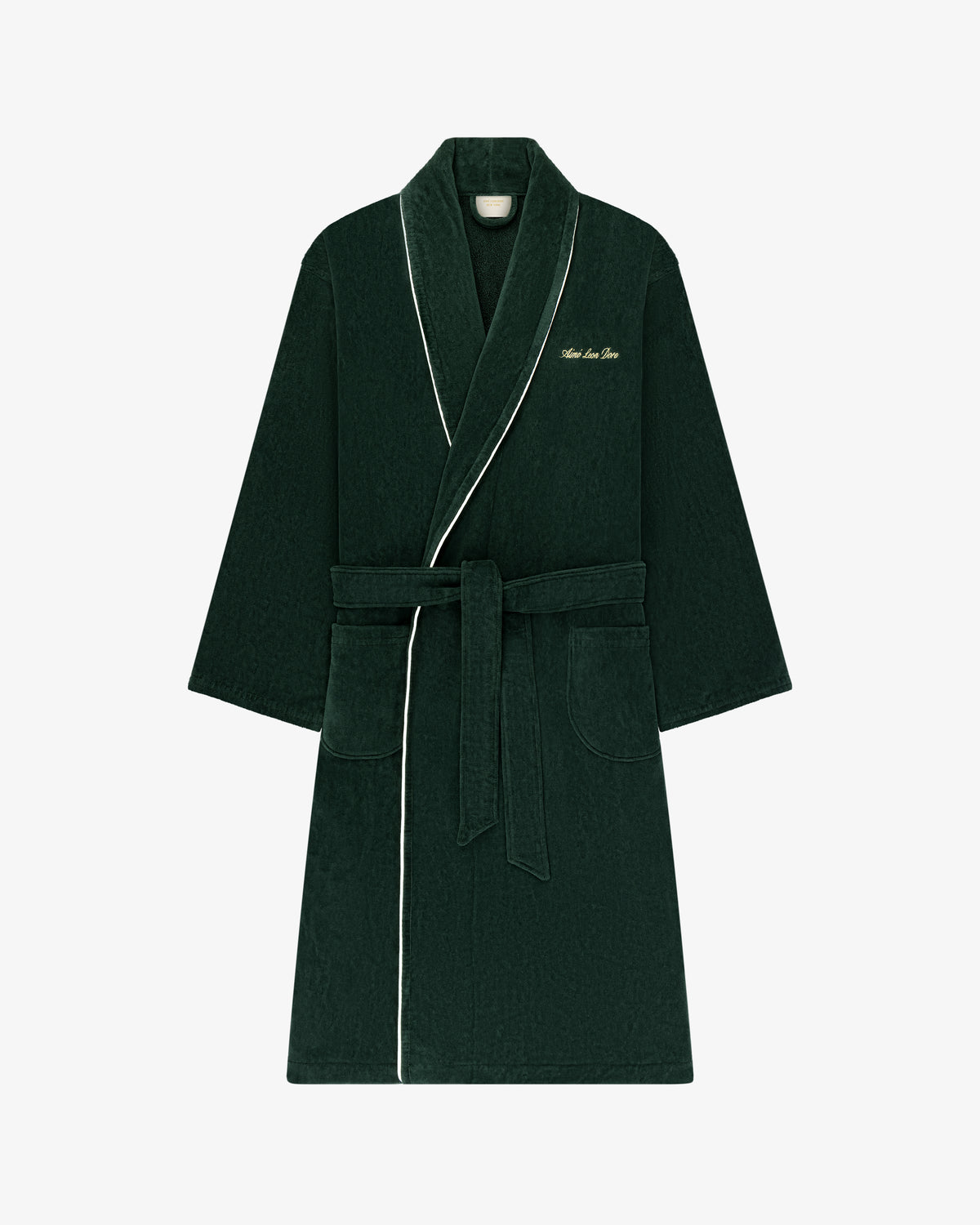 Mulberry Robe: Dark green with white piping, belted waist, front pockets, and chest embroidery.