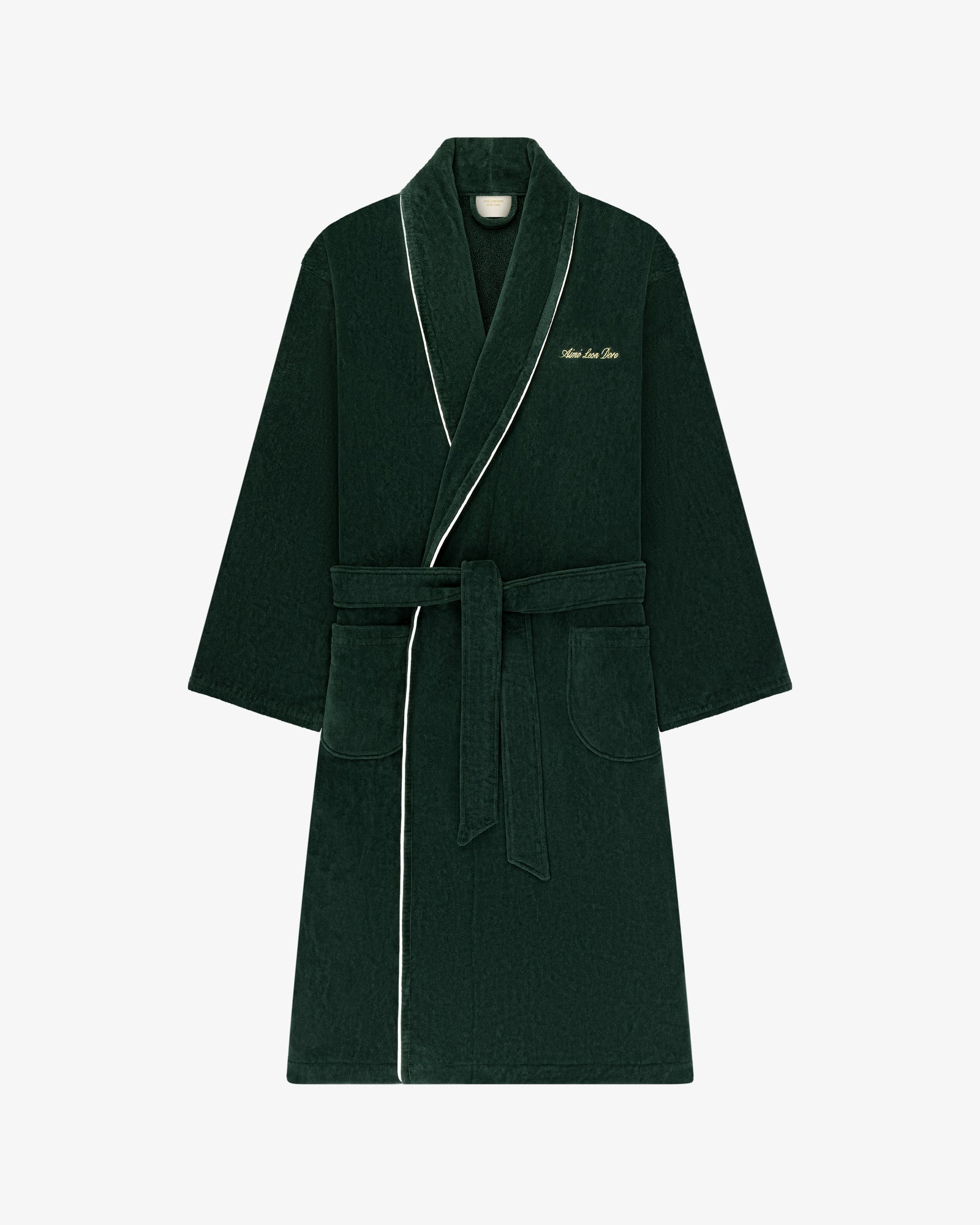 Mulberry Robe: Dark green with white piping, belted waist, front pockets, and chest embroidery.