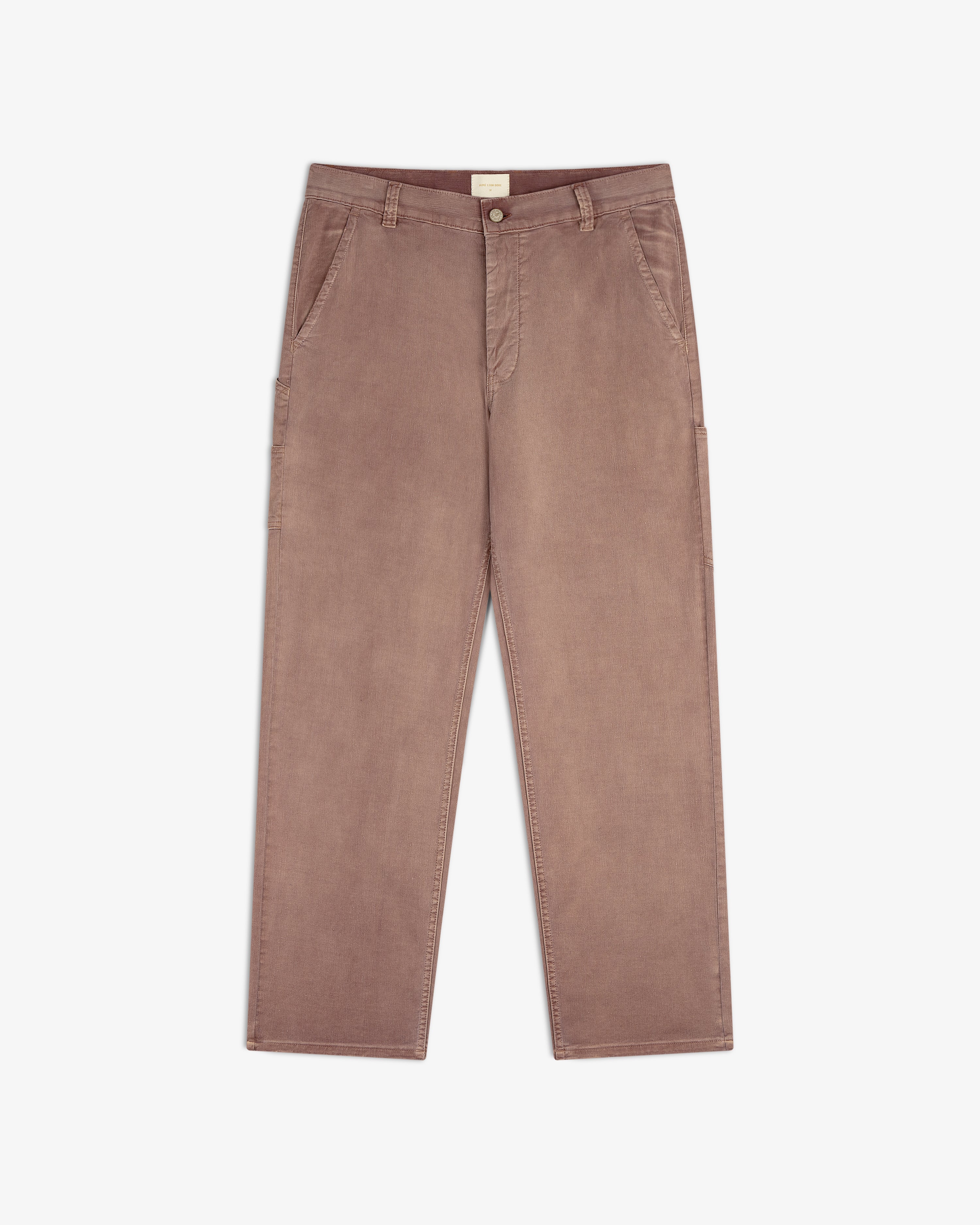 Flat lay of Linen Blend Carpenter Pant with front button and pockets, displayed on a white background.