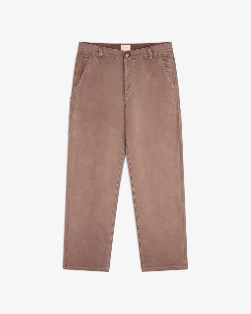 Flat lay of Linen Blend Carpenter Pant with front button and pockets, displayed on a white background.