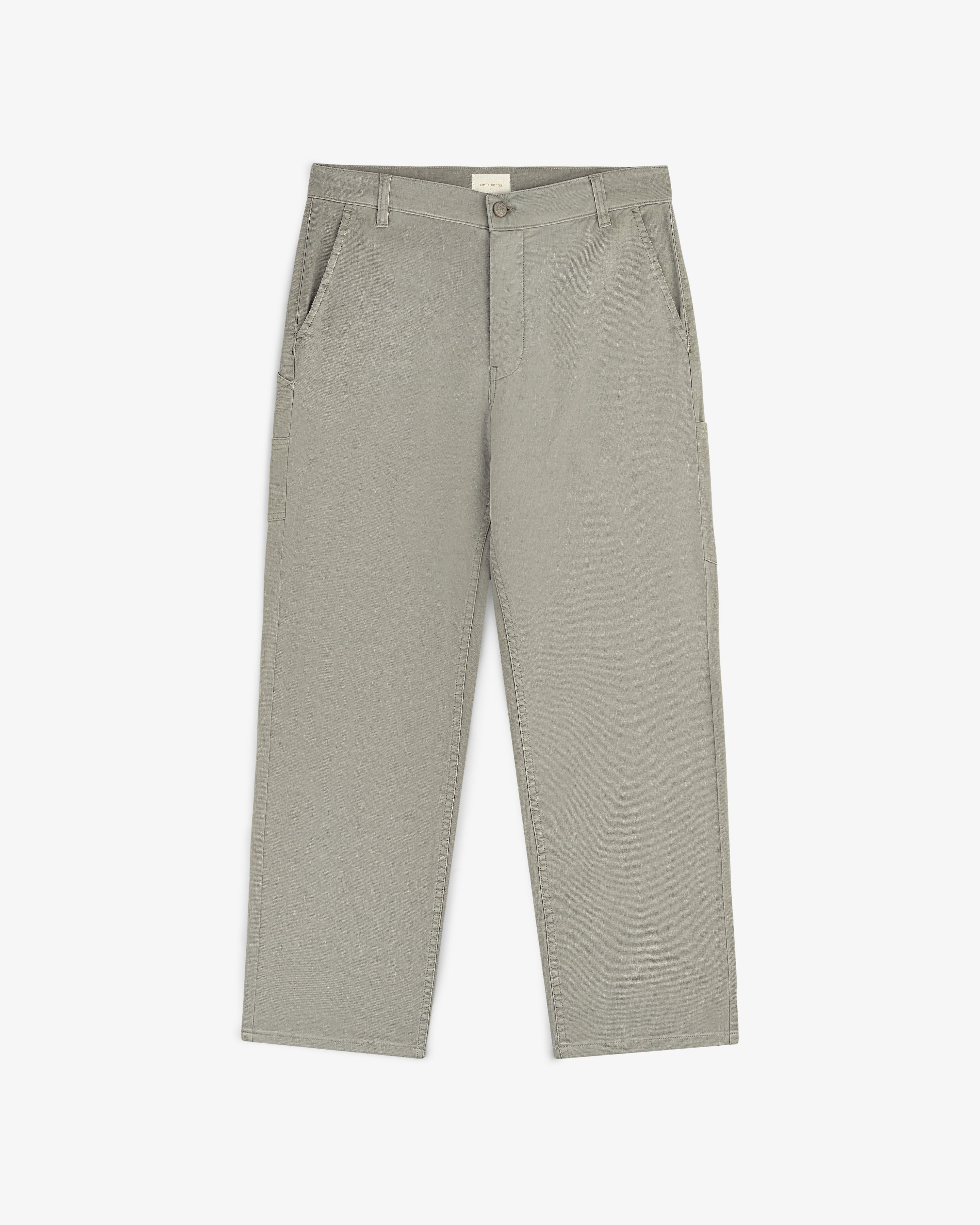 Linen Blend Carpenter Pant in light gray with side and back pockets, shown on a plain white background.