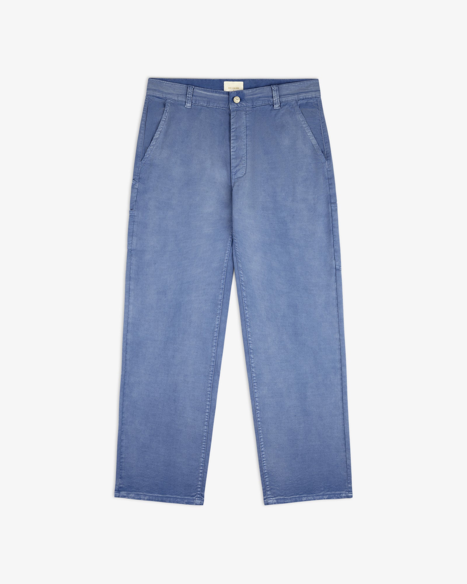 Linen Blend Carpenter Pant in light blue with straight legs, front pockets, belt loops, and button closure.