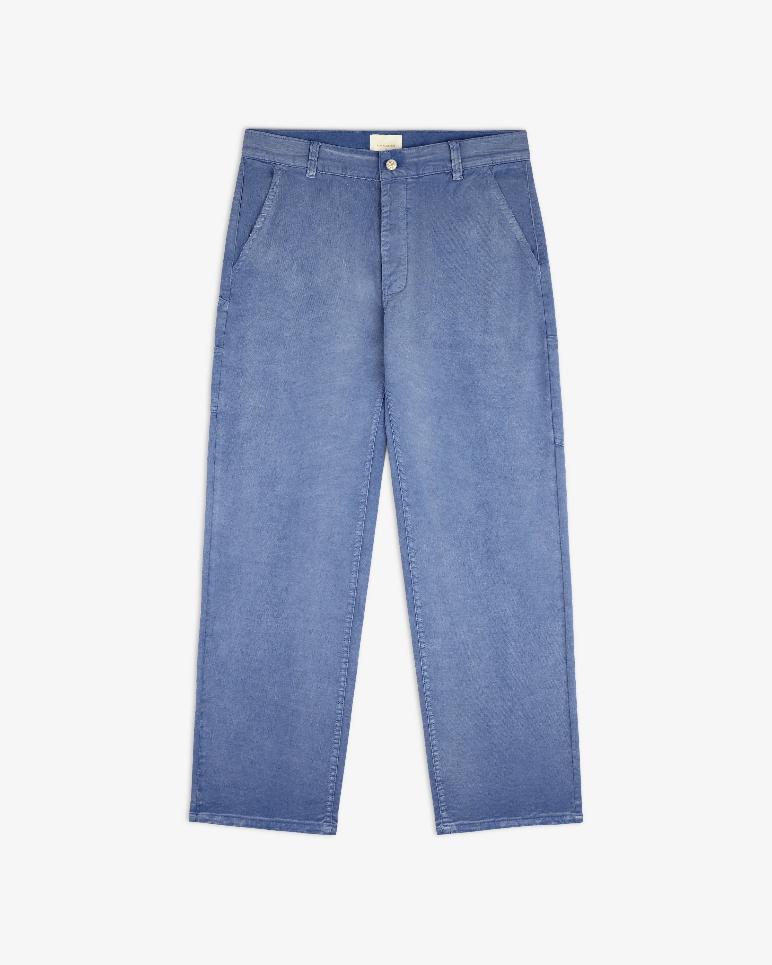 Linen Blend Carpenter Pant in light blue with straight legs, front pockets, belt loops, and button closure.