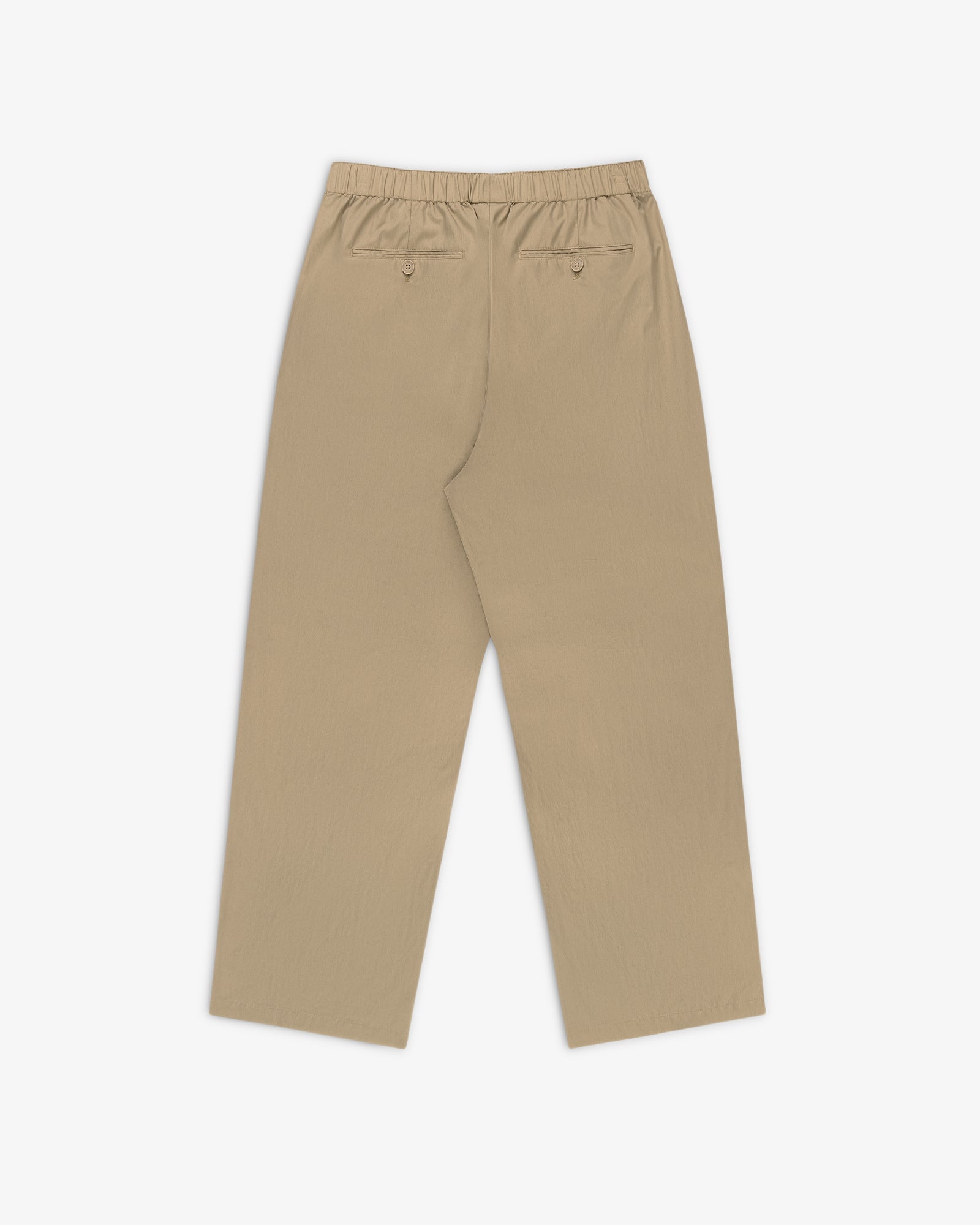 Relaxed Cotton Trouser in beige, wide-leg design with elastic waistband and two buttoned back pockets, laid flat.