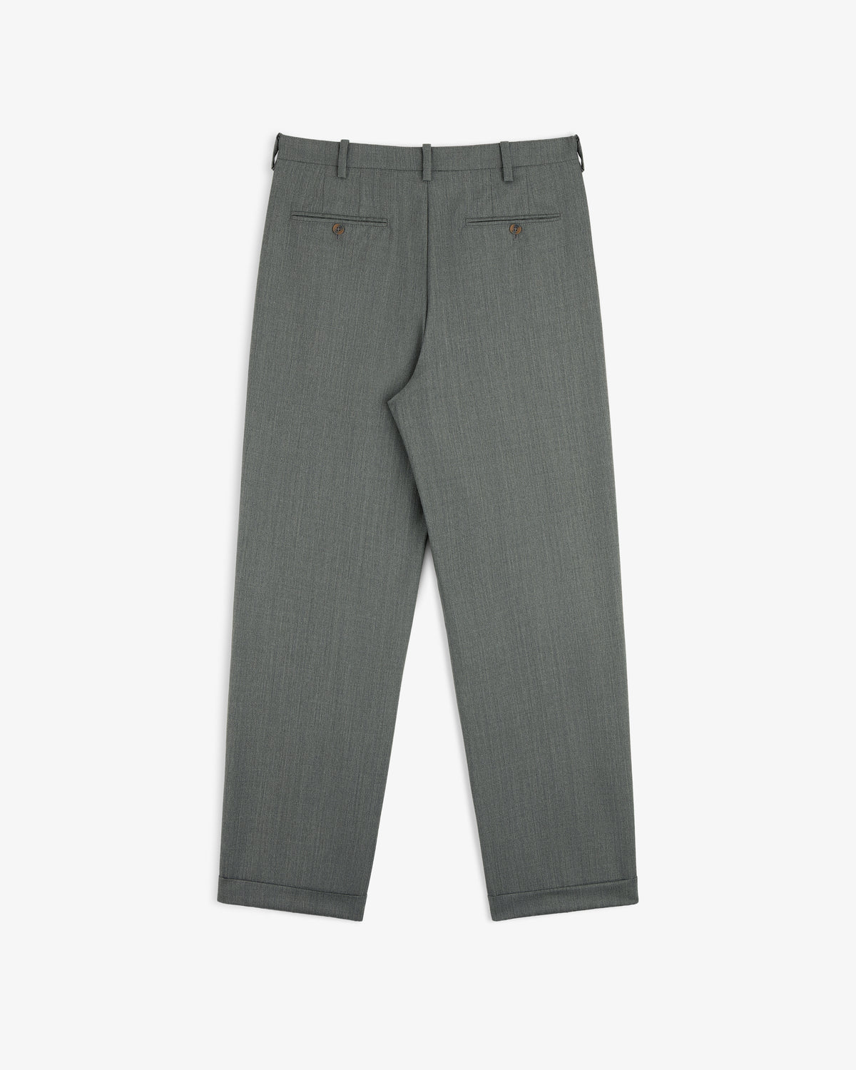 Lightweight Cuffed Trouser shown flat from the back, featuring belt loops and two buttoned pockets.