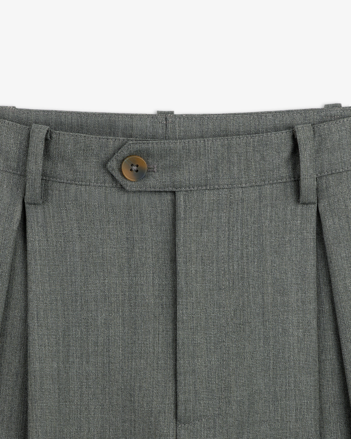 Close-up of the waistband on Lightweight Cuffed Trouser in gray, featuring a brown button and belt loops.