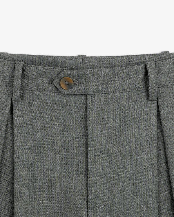 Close-up of the waistband on Lightweight Cuffed Trouser in gray, featuring a brown button and belt loops.
