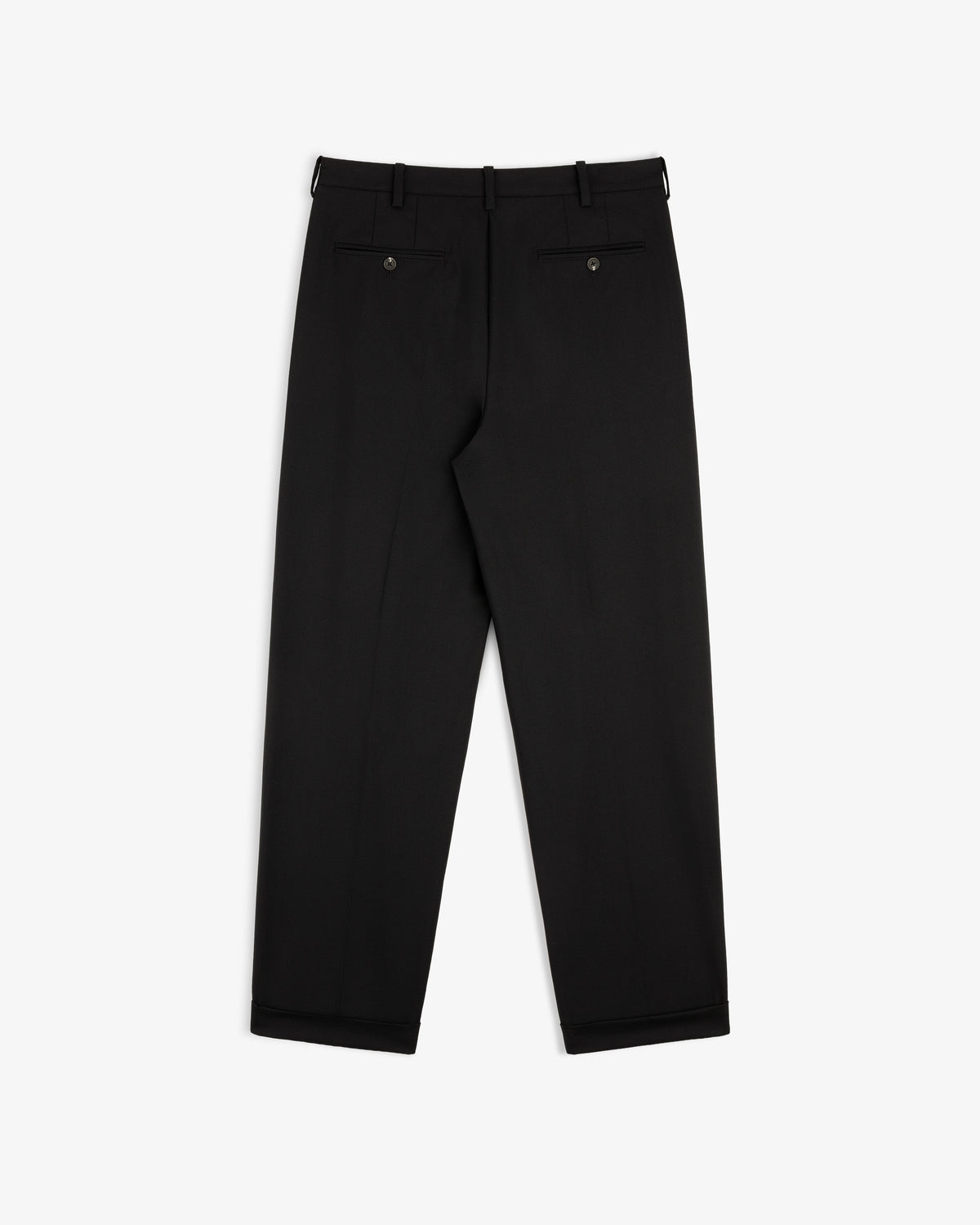 Lightweight Cuffed Trouser laid flat, back view, featuring two buttoned pockets and belt loops.