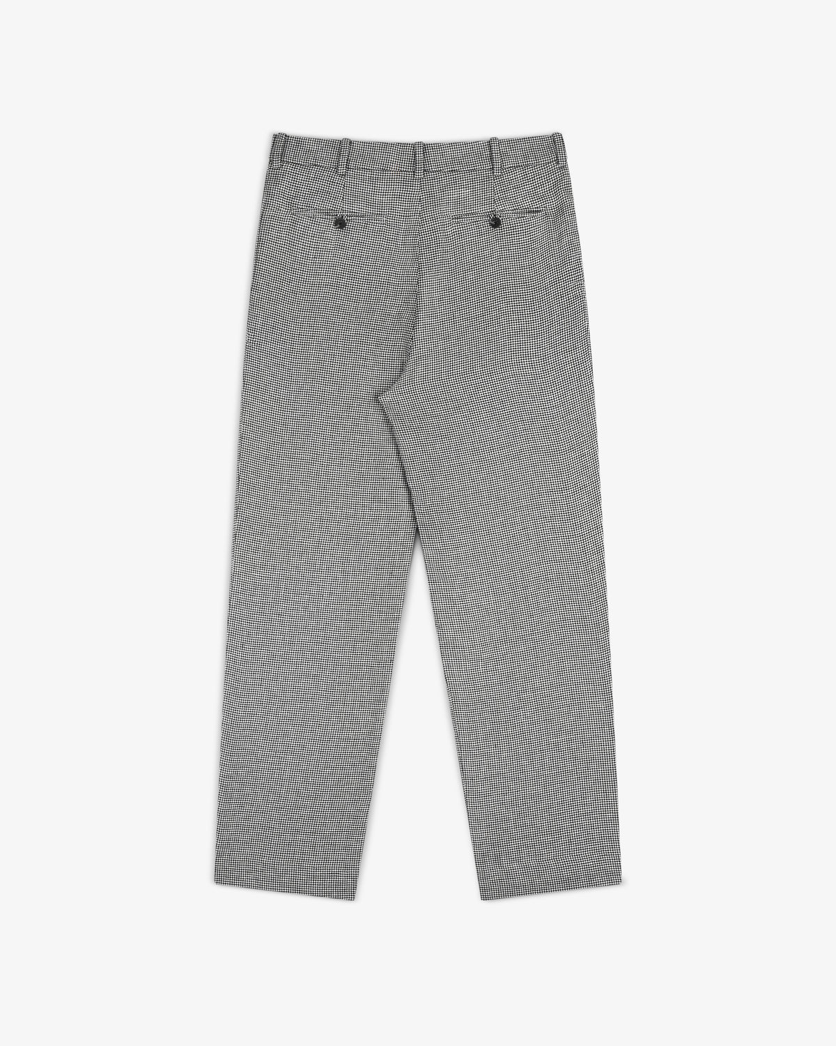 Houndstooth Pleated Trouser shown from the back with belt loops and two buttoned back pockets, laid flat on white.