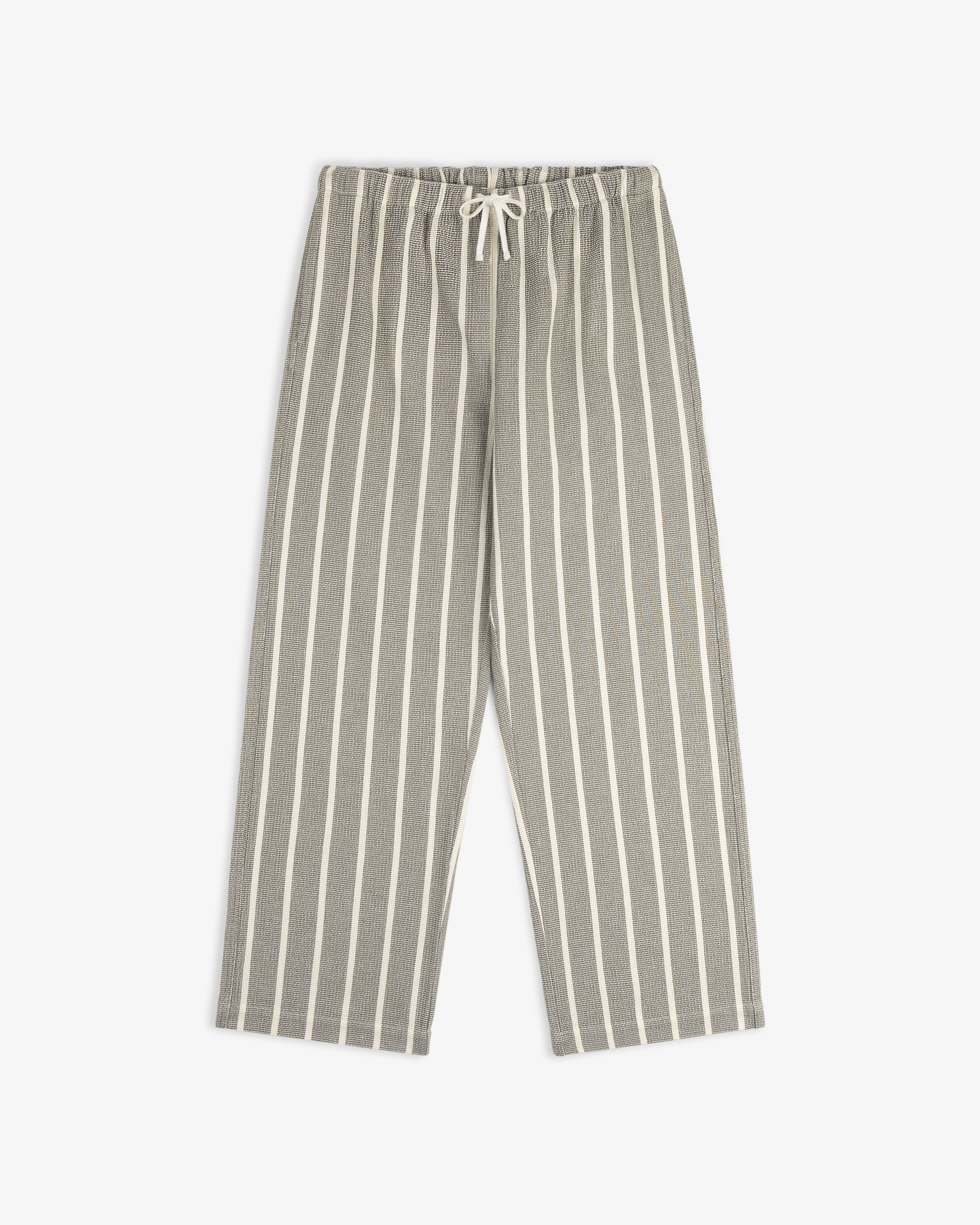 The Wide Leg Shore Pant features gray fabric with white stripes, an elastic drawstring waist, and wide legs.