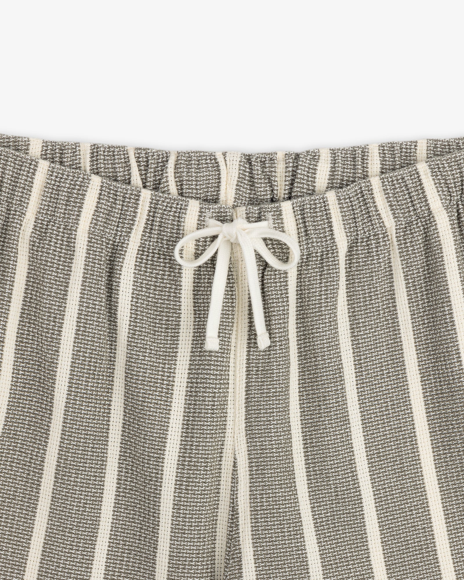 Gray and white striped Wide Leg Shore Pant with elastic waistband and center white drawstring bow.