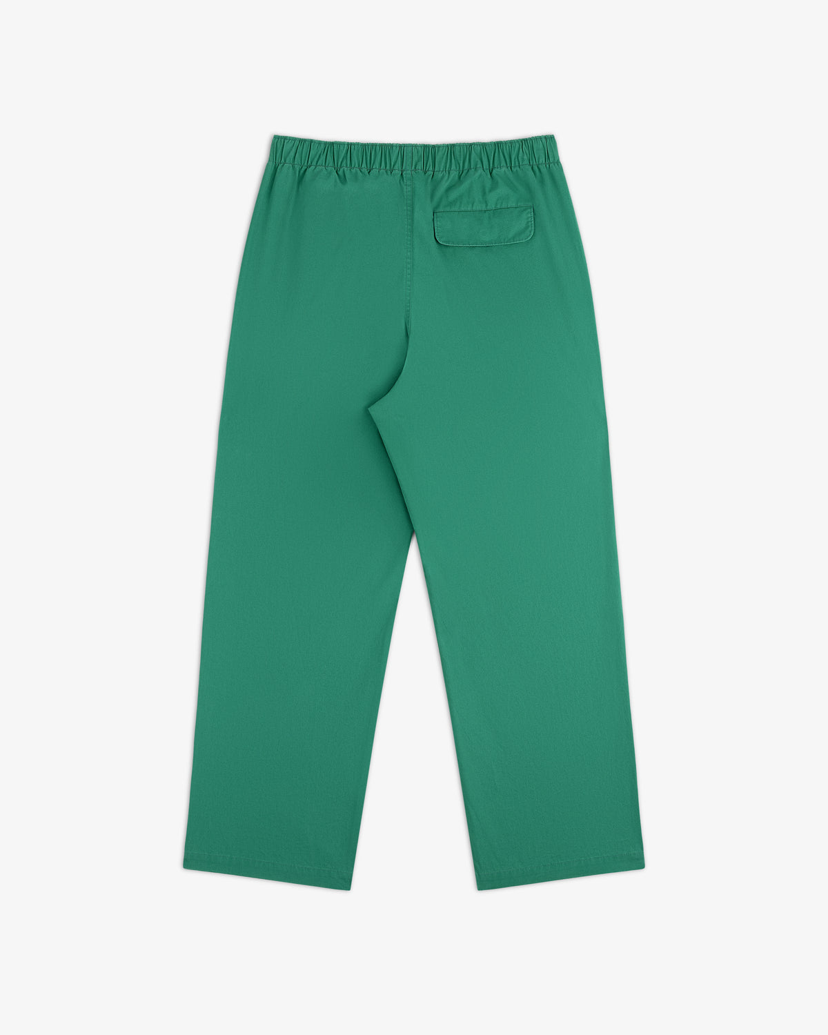 Washed Cotton Windbreaker Pant in green with an elastic waistband and a back pocket, shown flat on white background.