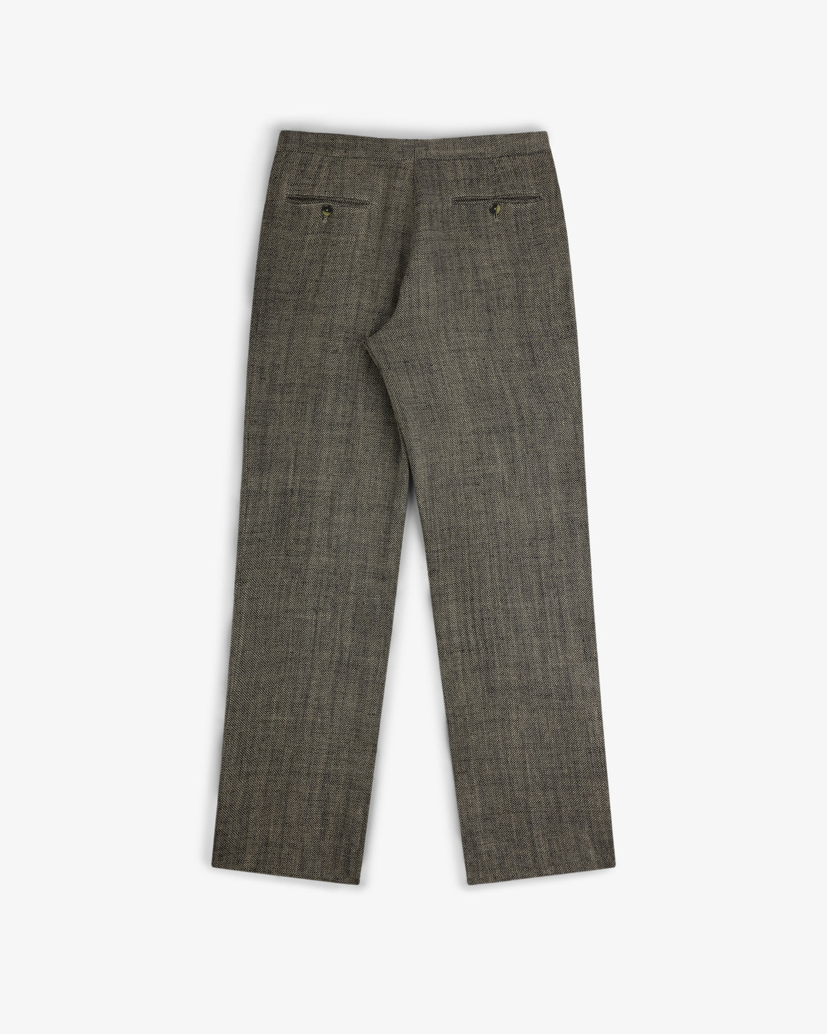 Back view of Yarn Dyed Linen Suit Trouser in gray with two buttoned welt pockets, laid flat on white background.