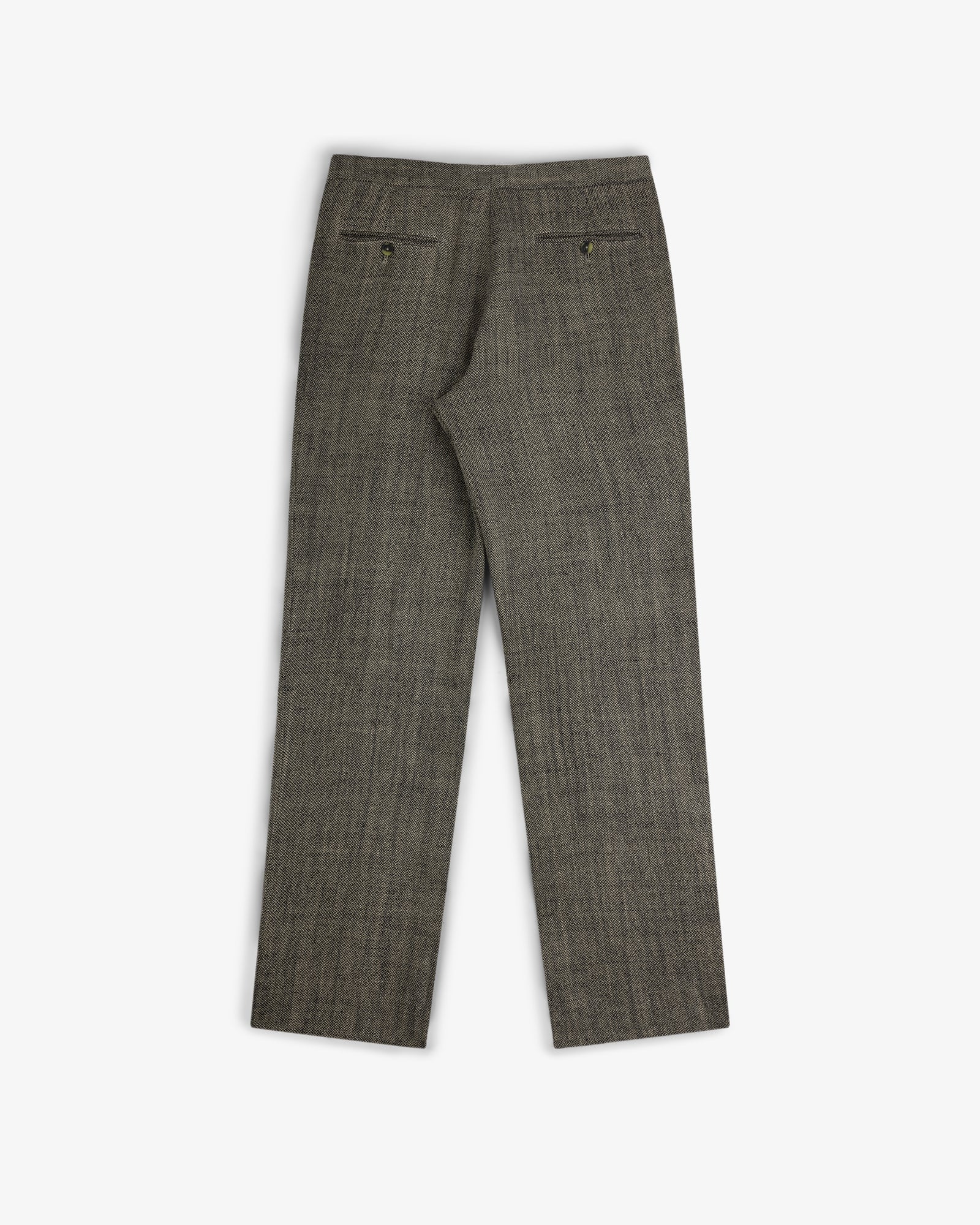 Back view of Yarn Dyed Linen Suit Trouser in gray with two buttoned welt pockets, laid flat on white background.
