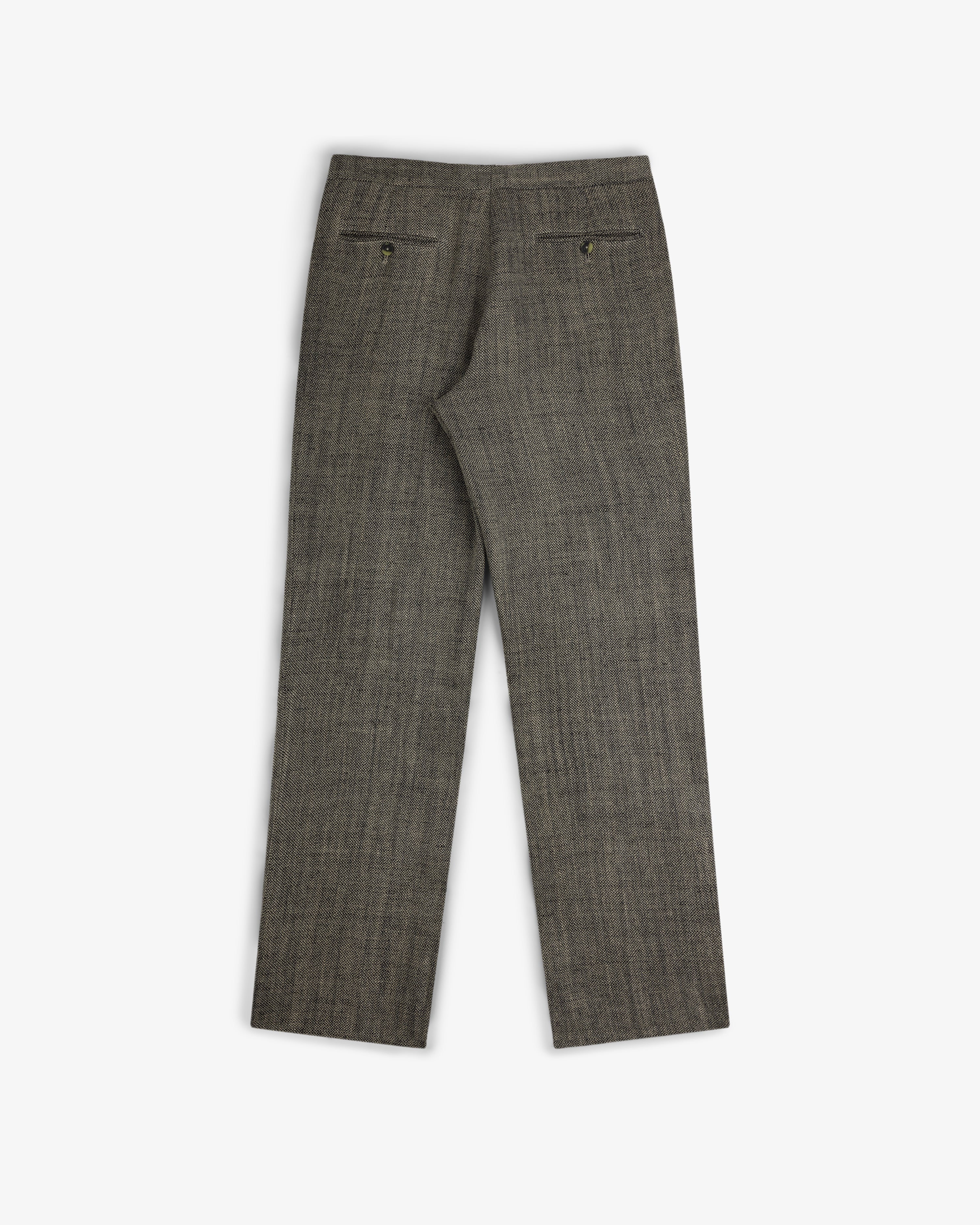 Back view of Yarn Dyed Linen Suit Trouser in gray with two buttoned welt pockets, laid flat on white background.