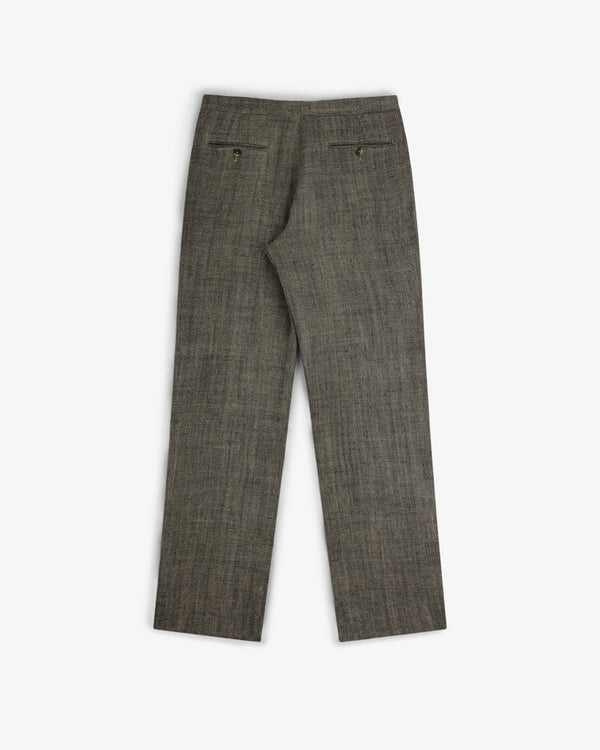 Back view of Yarn Dyed Linen Suit Trouser in gray with two buttoned welt pockets, laid flat on white background.