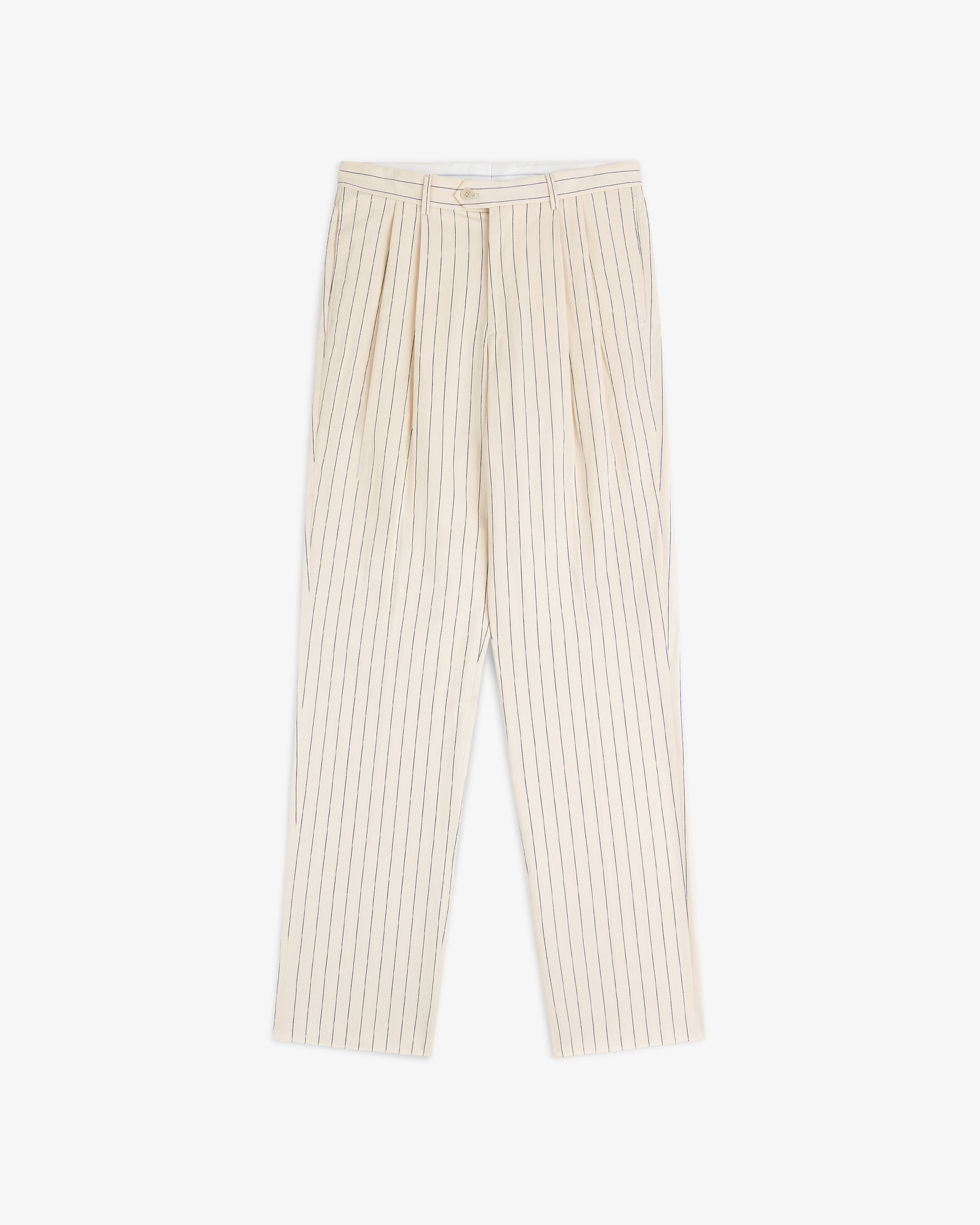 Double Pleated Pinstripe Suit Trouser in beige with vertical black stripes, button and zip closure, shown flat on white.