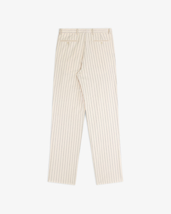 Double Pleated Pinstripe Suit Trouser in beige, shown from the back on a white background.