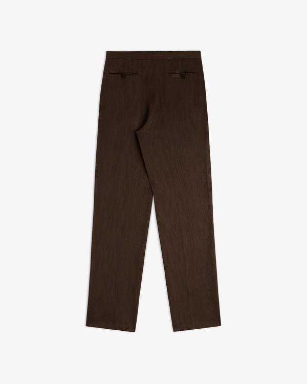 Back of Linen Blend Suit Trouser in brown with straight-leg fit, two back pockets, and button closures on white background.